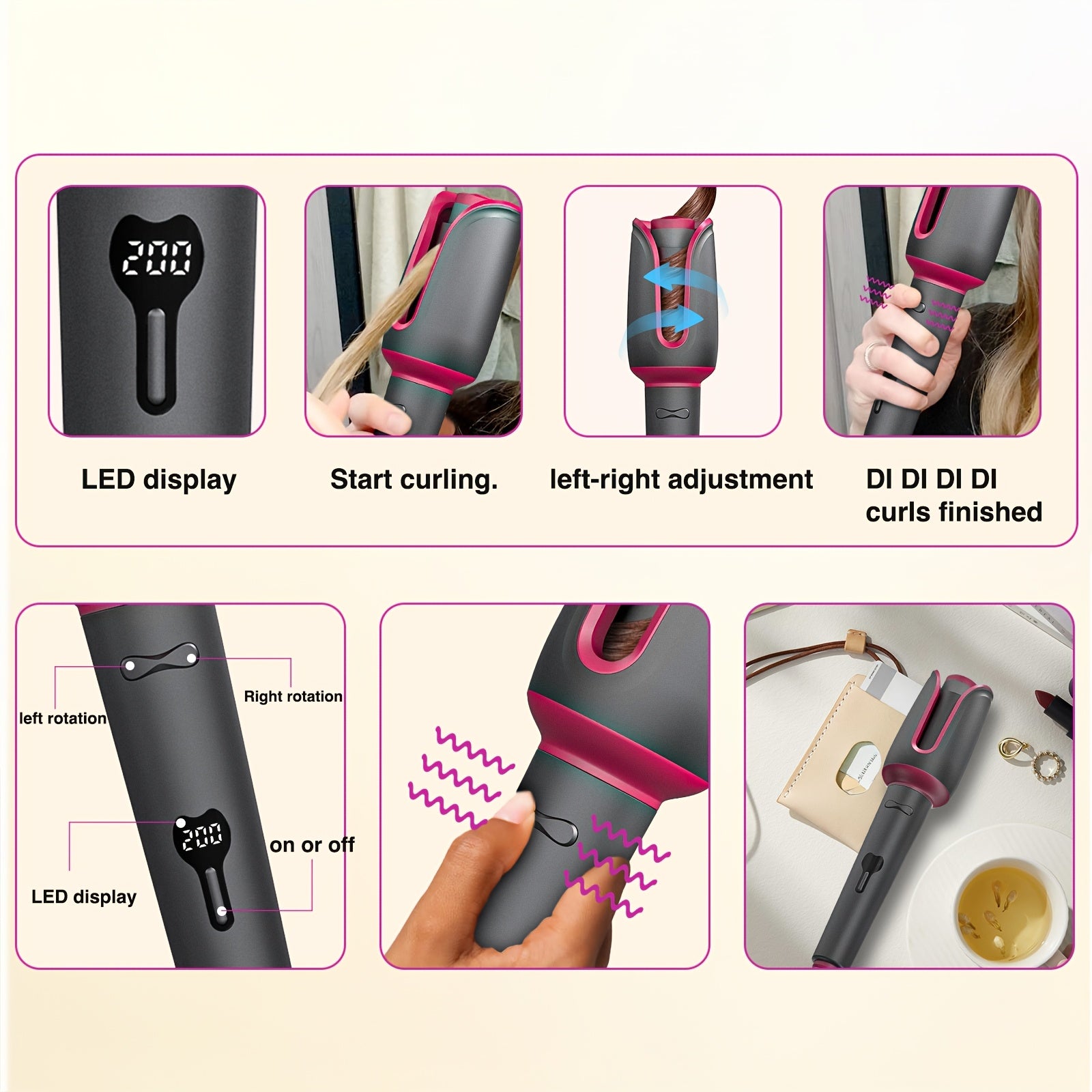 Rizador de cabello automático de 32mm con tecnología de iones negativos, 3 configuraciones de temperatura y temporizador