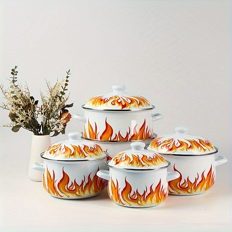 Enamel Cookware Set 5 Pieces Blue Floral Stackable Pots and Pans Kitchen