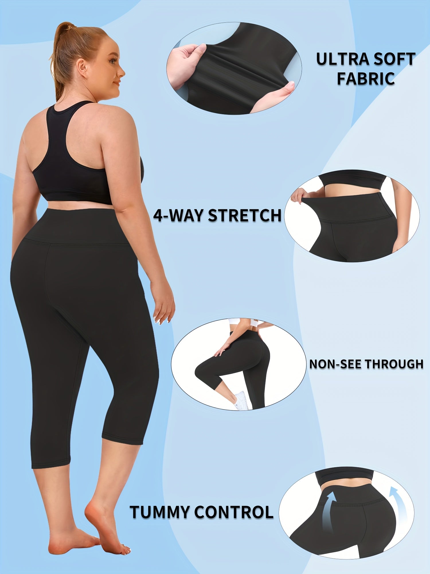 Plus Size High-Waist Capri Leggings Stretch Polyester Elastane Solid Color 3 Pack