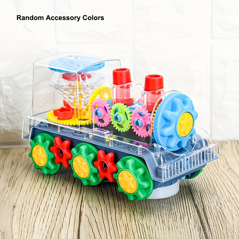 Interactive Red Plastic Toy Train with Lights Music Gear Linkage Rotating Station
