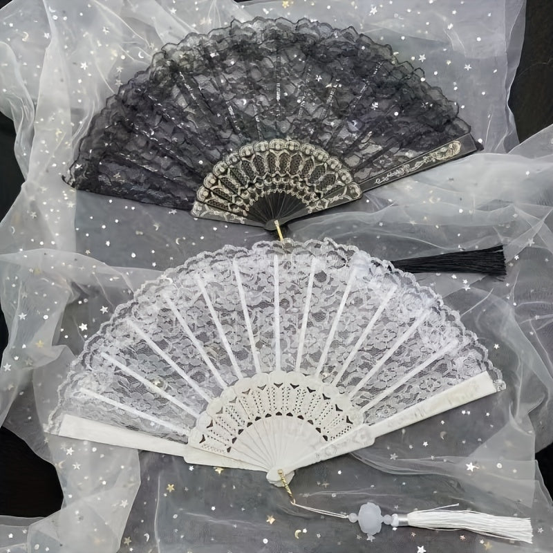 Black Lace Fan with Feathers for Cheongsam and Hanfu Stylish Retro Accessory