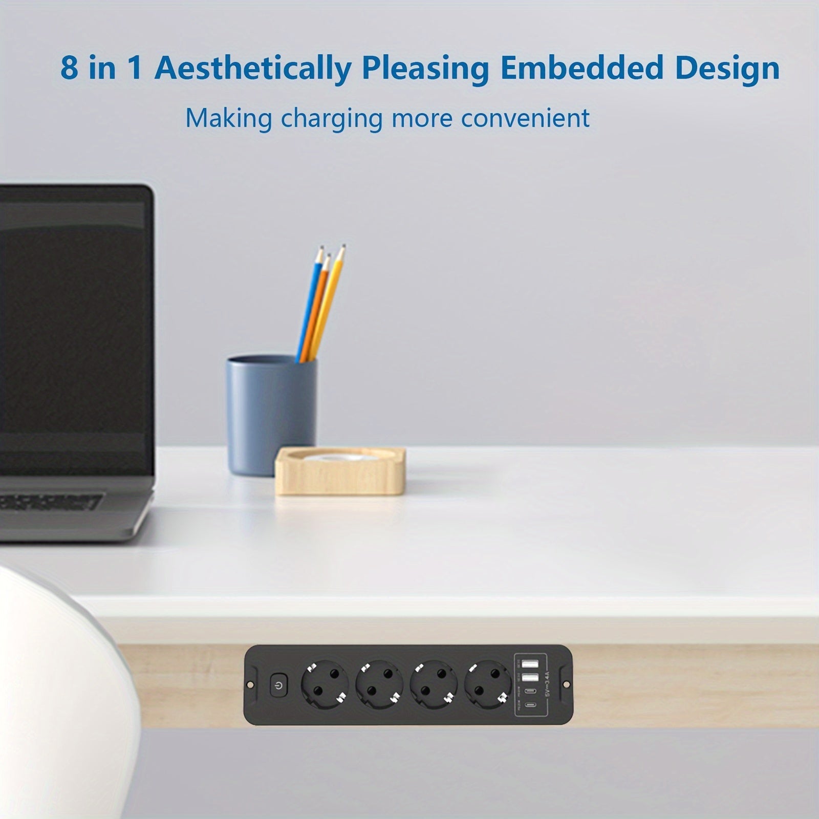 8-in-1 Quvvatli rozetka, 4 USB port va 4 AC rozetkali, 179.83cm sim bilan uy, ofis va maktab uchun