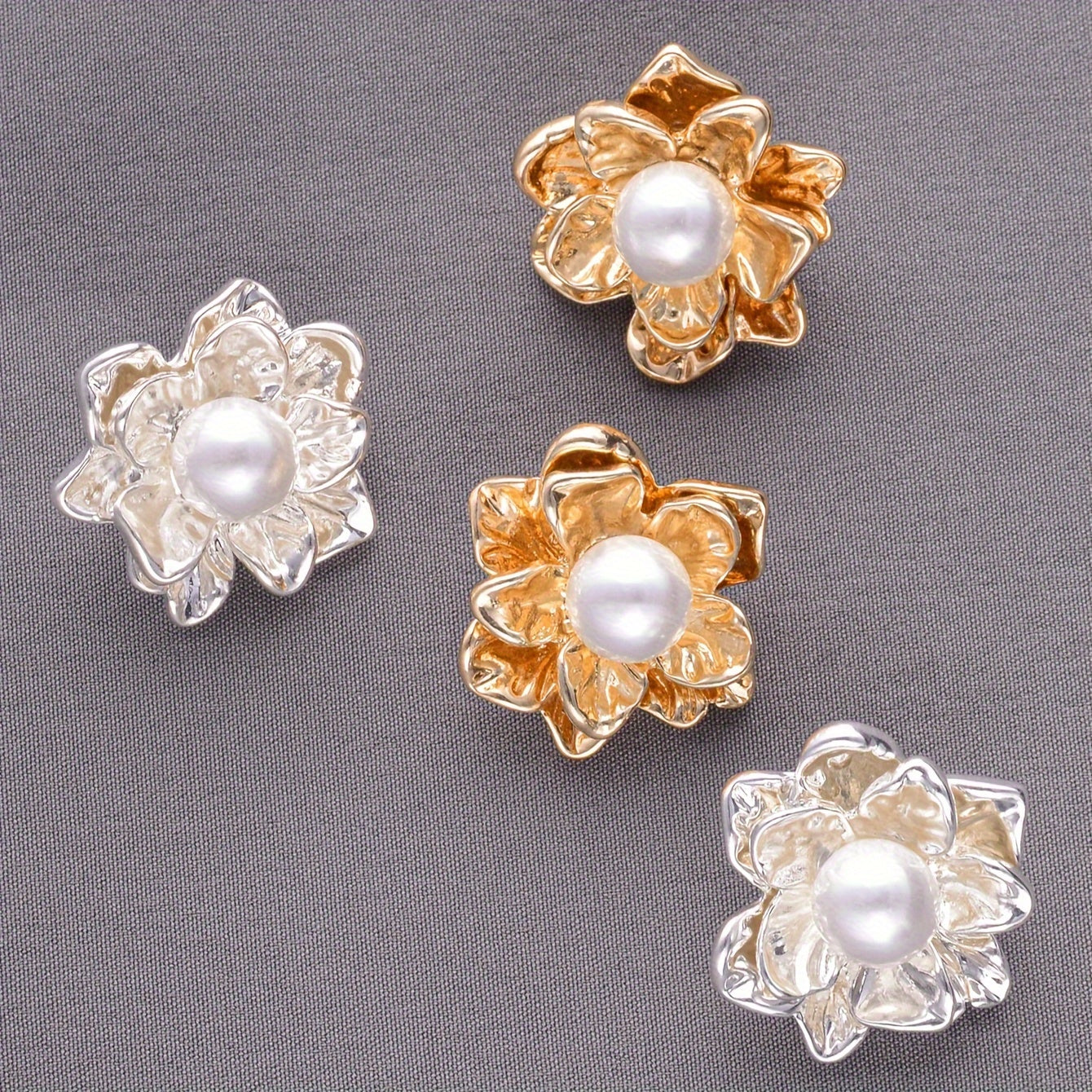 Set of 3 Pearl Flower Buttons Alloy for Clothing DIY Sewing Accessories