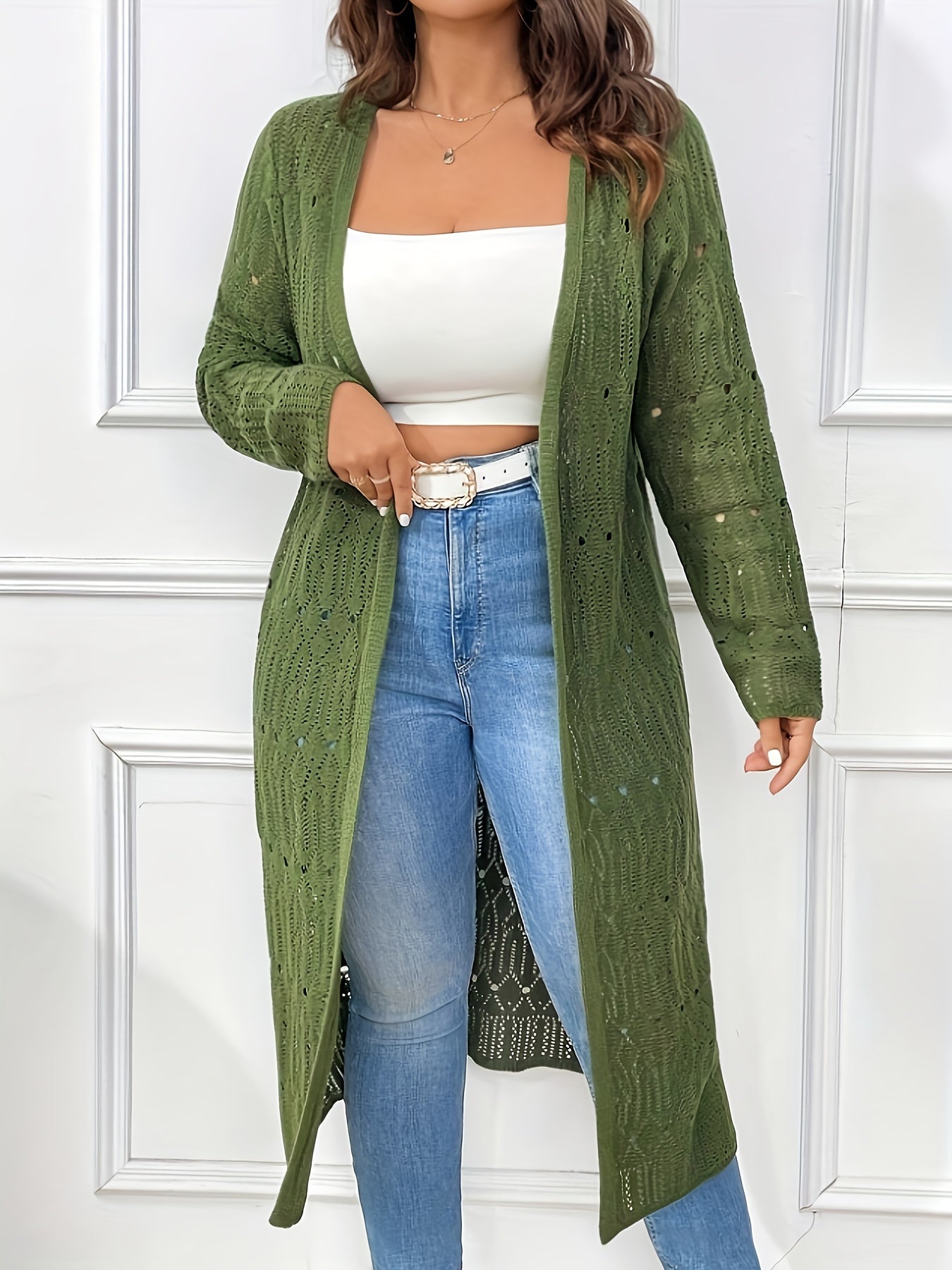 Plus Size Women's Solid Color Long Sleeve Cardigan Beach Cover-Up Oversized
