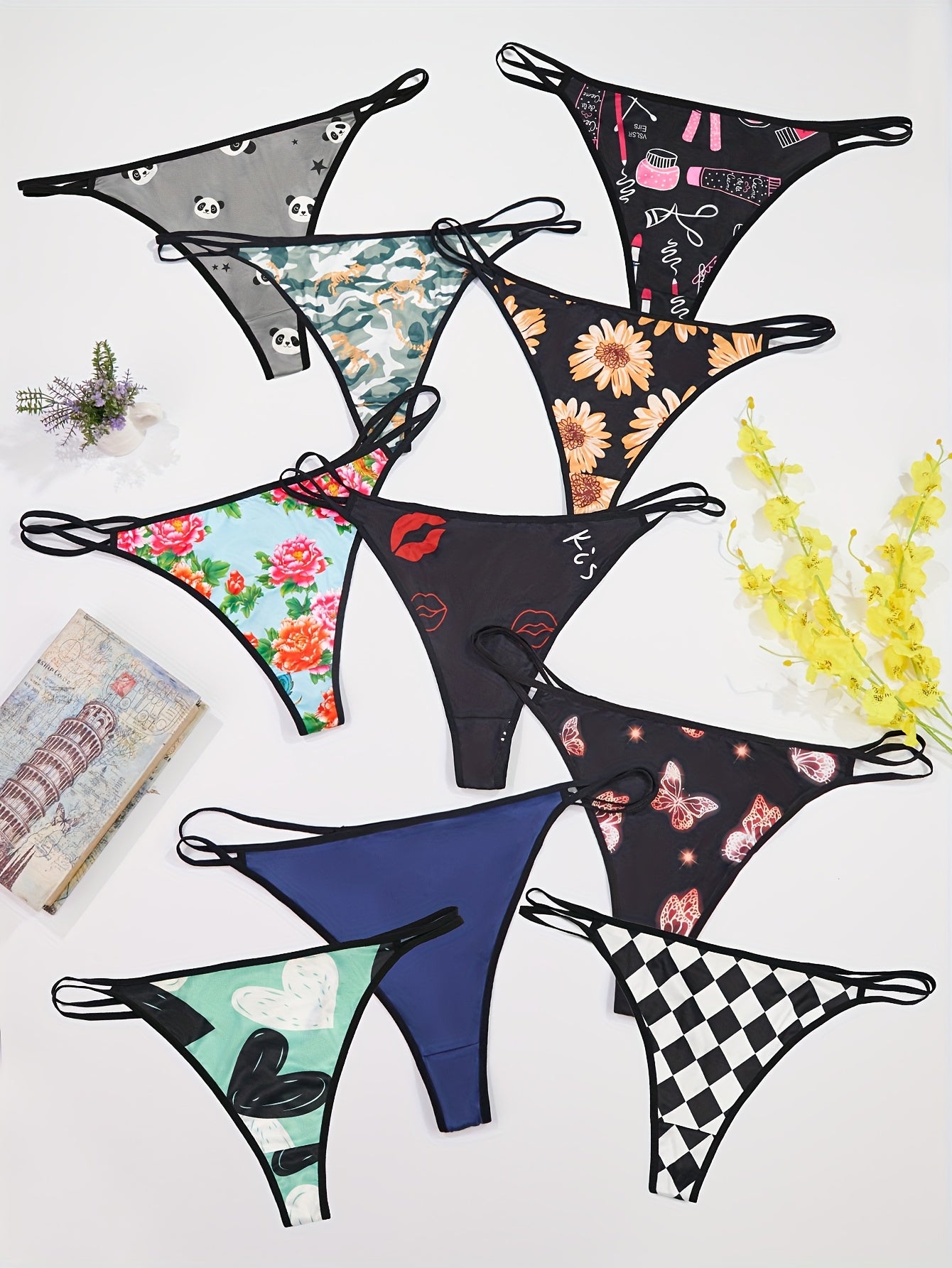Women's Plus Size Low-Rise Thong Underwear 10 Pack Floral Abstract Print