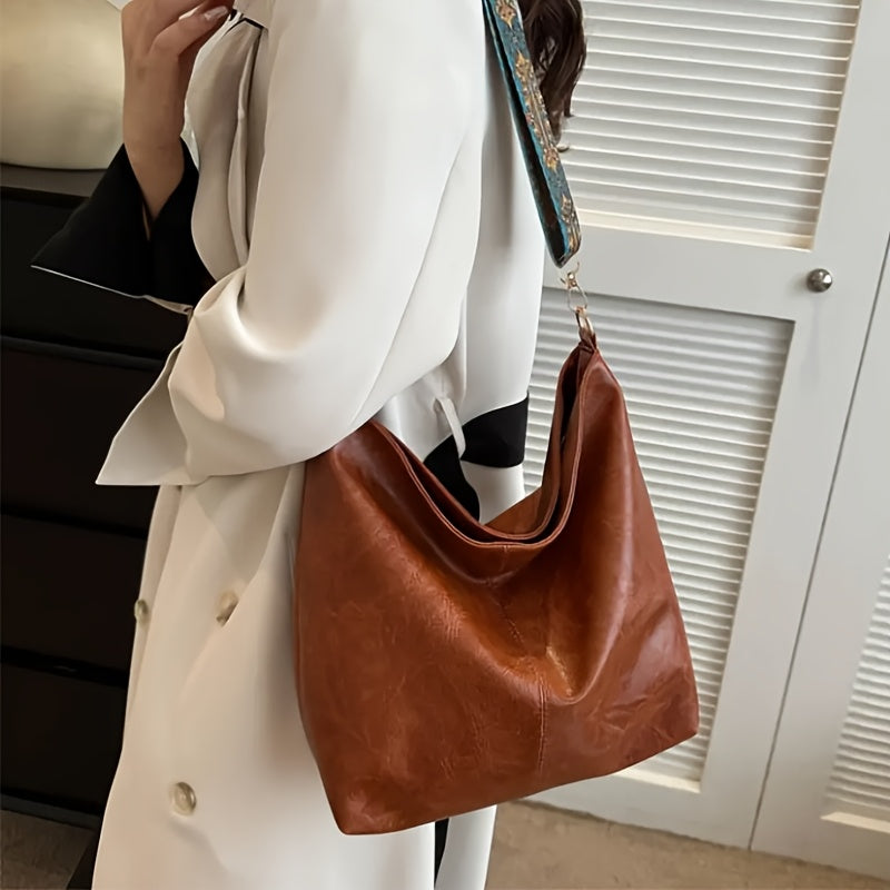 Ethnic Style Wide Band Vintage PU Shoulder Bag Large Capacity Tote for Commuter