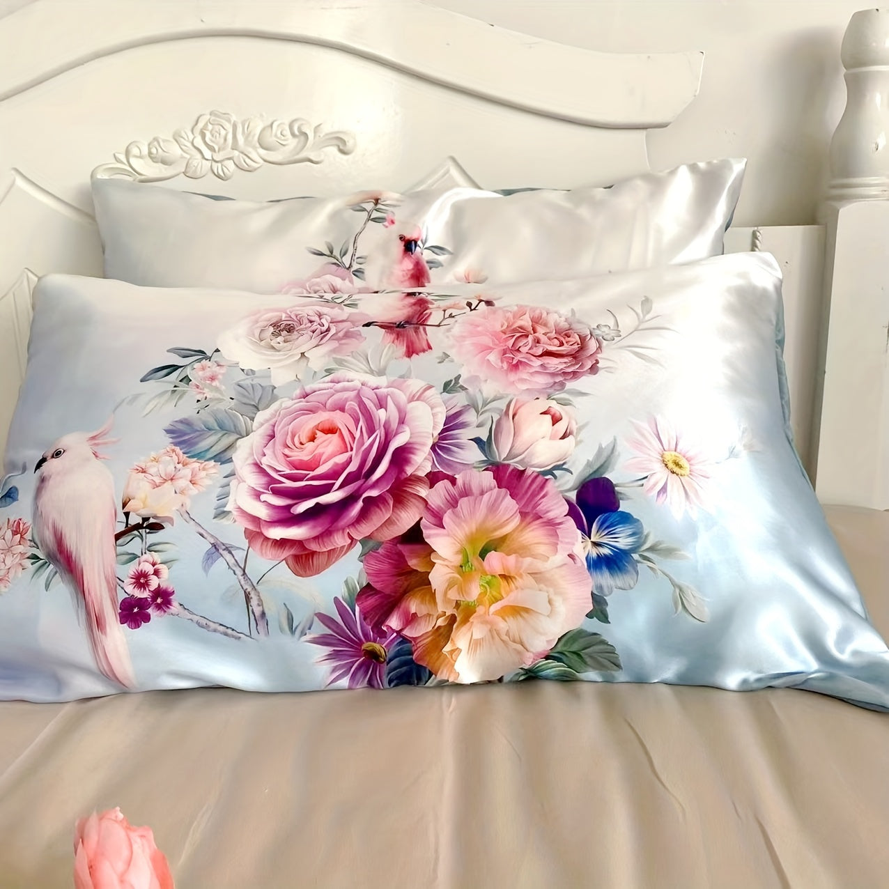 Set of 2 Satin Pillowcases with Floral Bird Patterns Reversible Envelope Closure