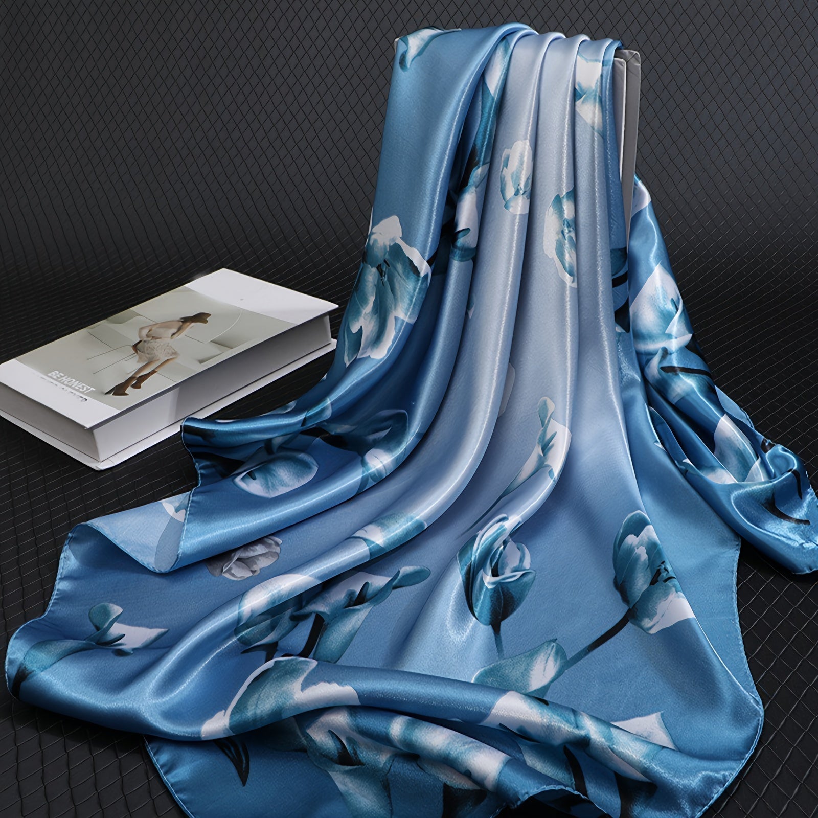 Blue Floral Print Square Scarf Women Lightweight Windproof Sun Protection Casual