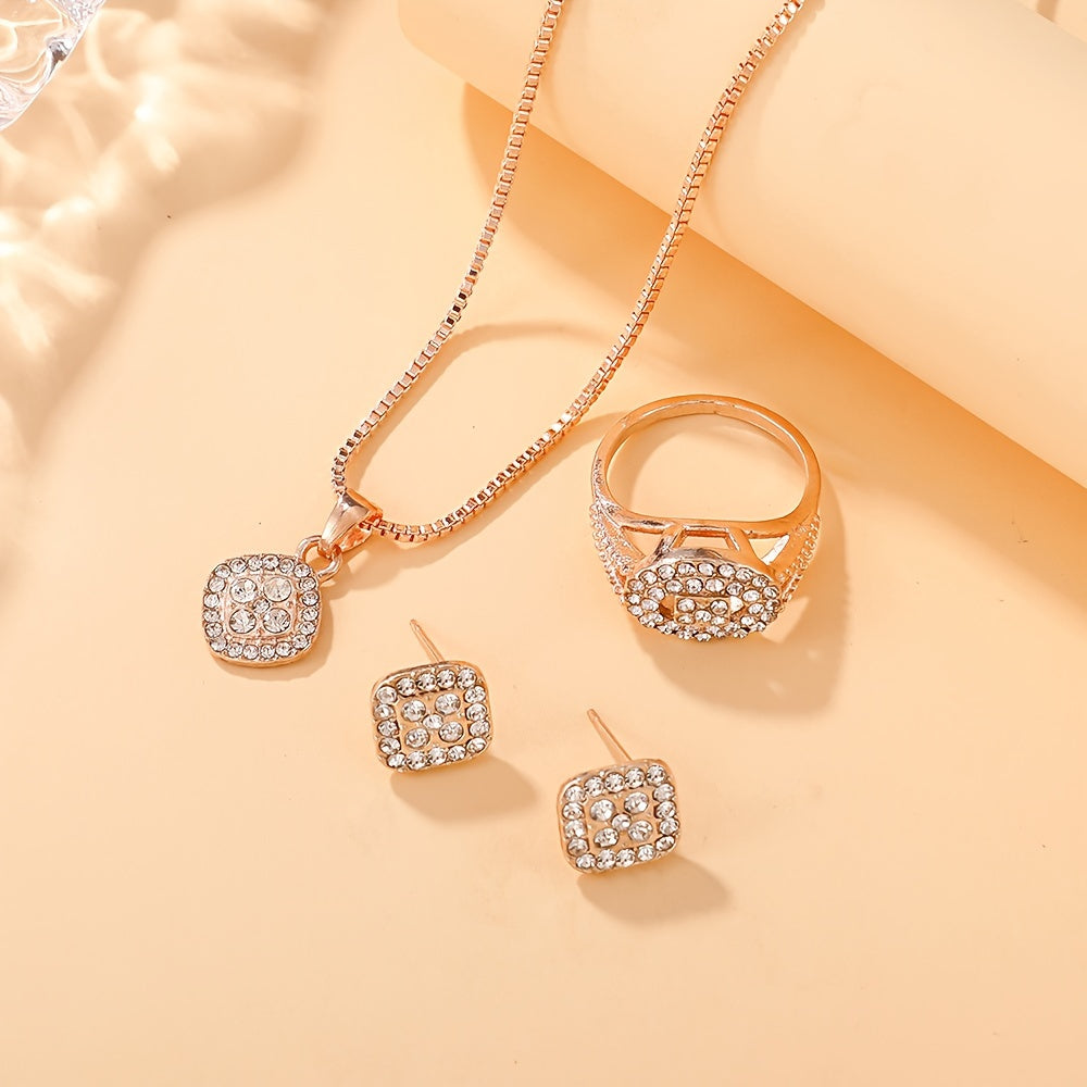 Set of 4 Elegant Rhinestone Square Pendant Jewelry for Women Daily Party Gift