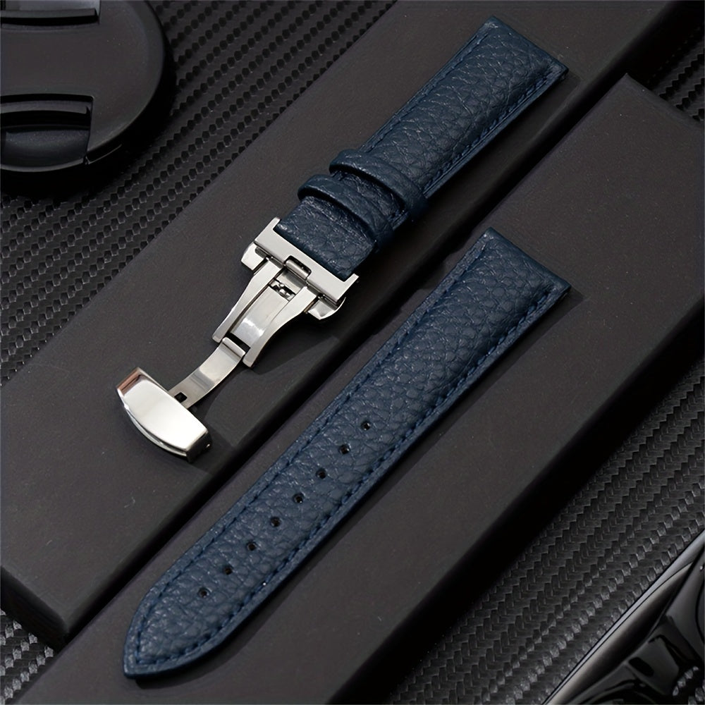 Synthetic Leather Watch Strap with Butterfly Clasp White Adjustable for Men Women