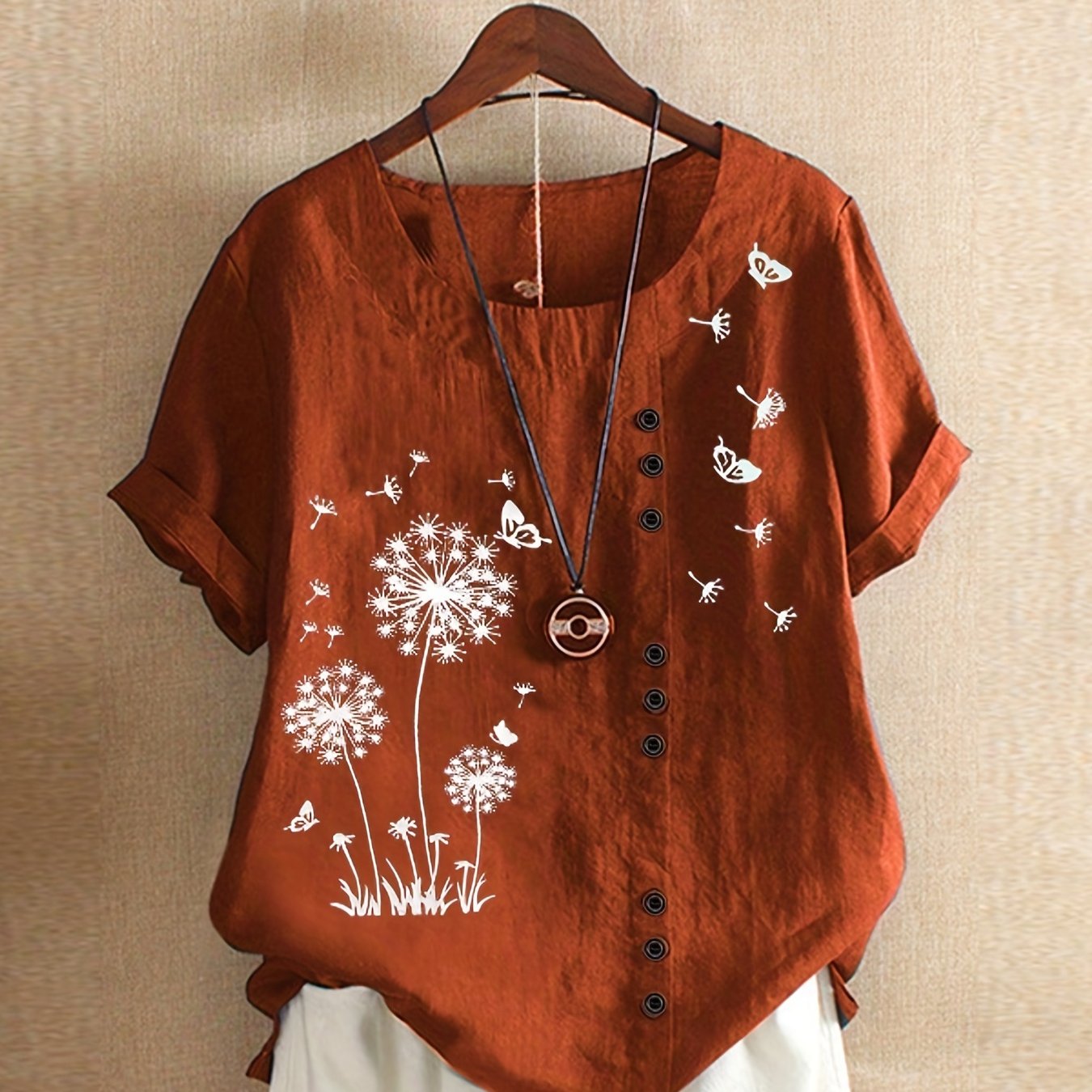 Plus Size Dandelion Print Short Sleeve T-Shirt Women Casual Crew Neck Summer