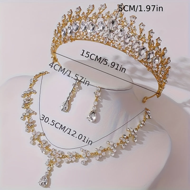 Set of 3 Bridal Rhinestone Crown Jewelry Tiara Necklace Earrings Wedding Accessories