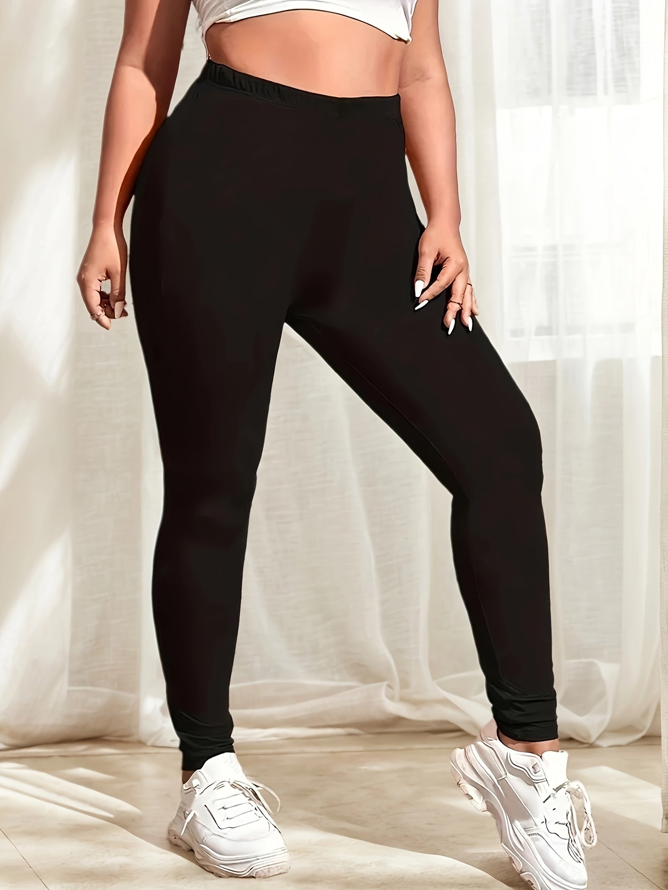 Women Plus Size Solid Color High Waisted Leggings Polyester Slim Fit Trousers