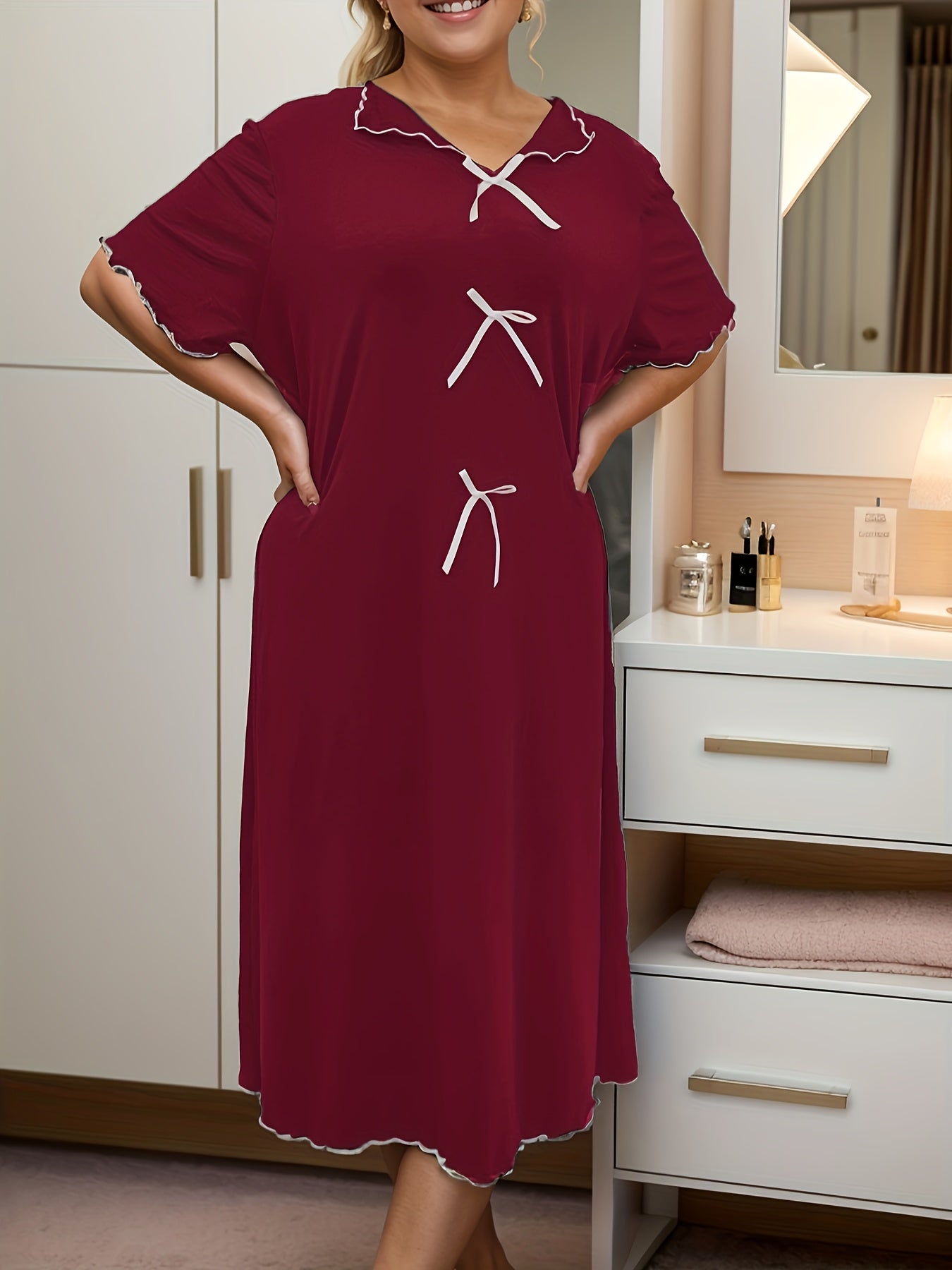 Plus Size Women's Red Satin Ruffle Hem Nightgown Dress