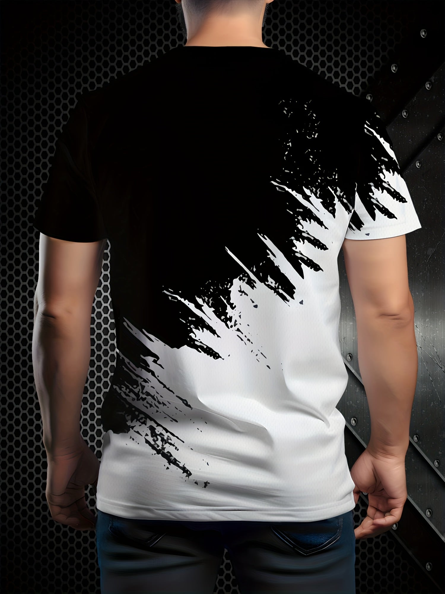 Erkaklar uchun qora va oq rangli bloklangan grafik T-ko'ylak, 3D bosma, yozgi ochiq havoda kiyish uchun qulay