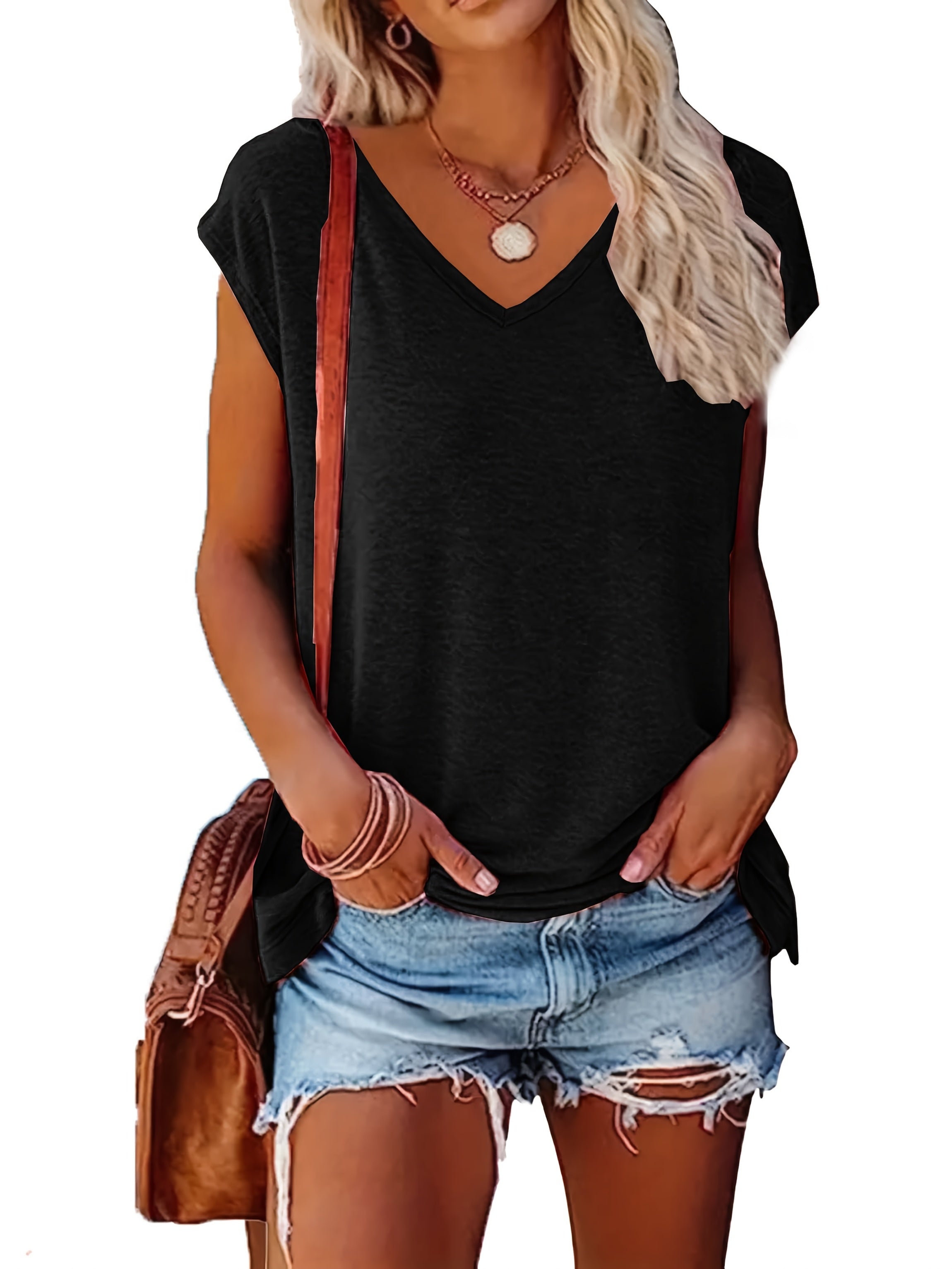 Женские футболки с V-образным вырезом, 2 шт., короткий рукав, летние топы, черный и белый