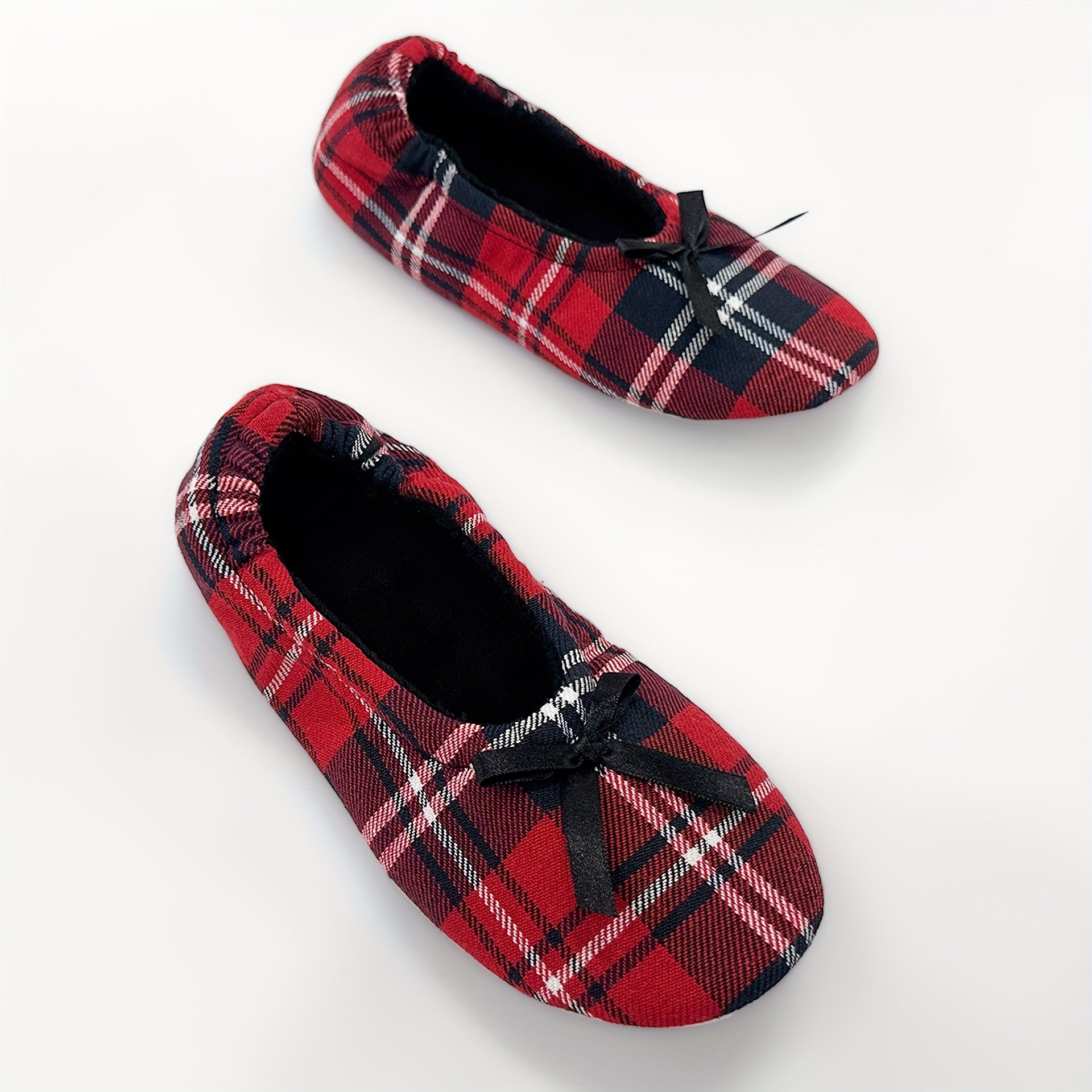 Zapatos planos de ballet de cuadros rojos para mujer con lazo, zapatos cómodos sin cordones