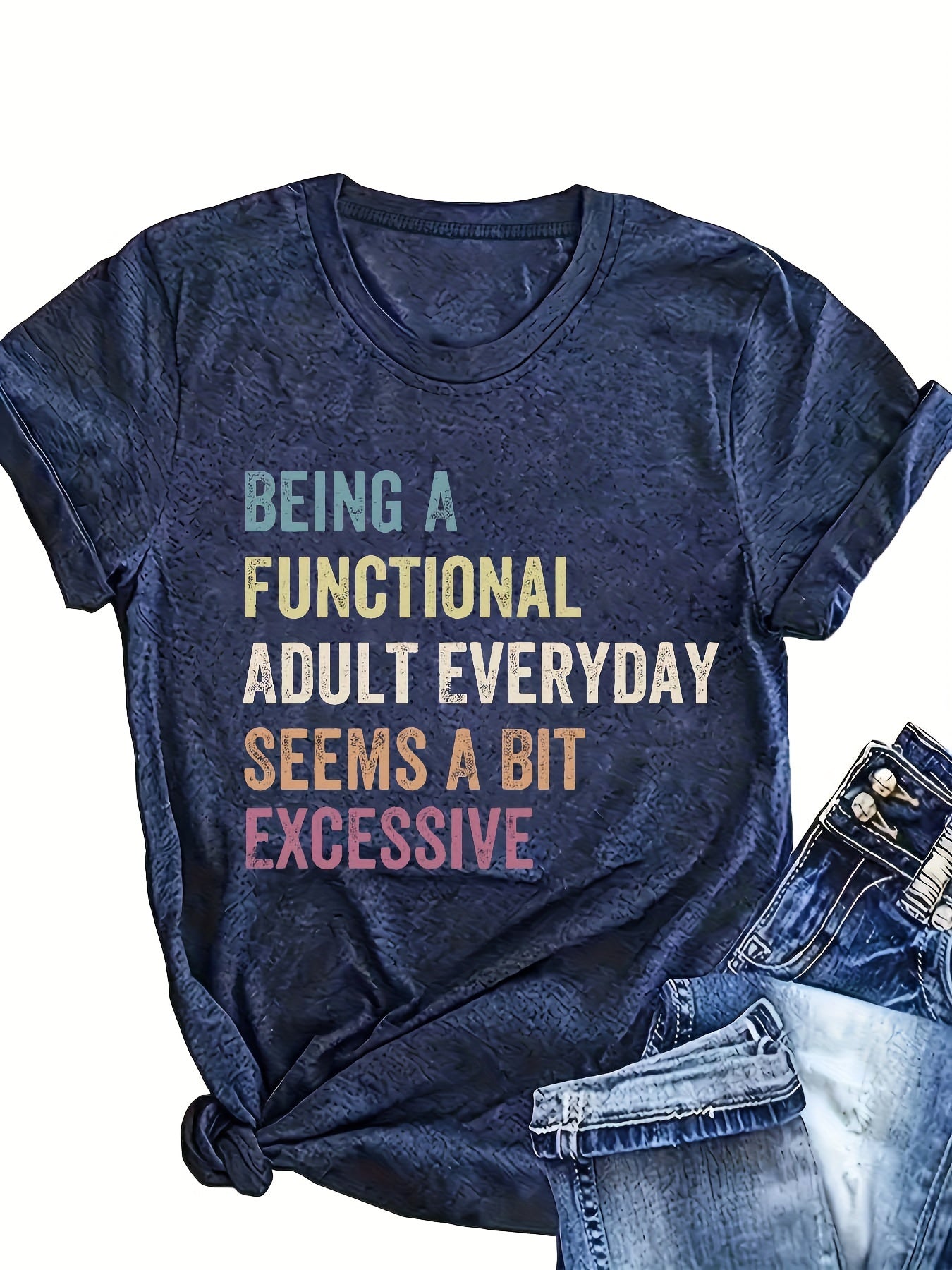 Women's Short Sleeve Graphic T-Shirts Pack with Humorous Quotes Navy Turquoise Black