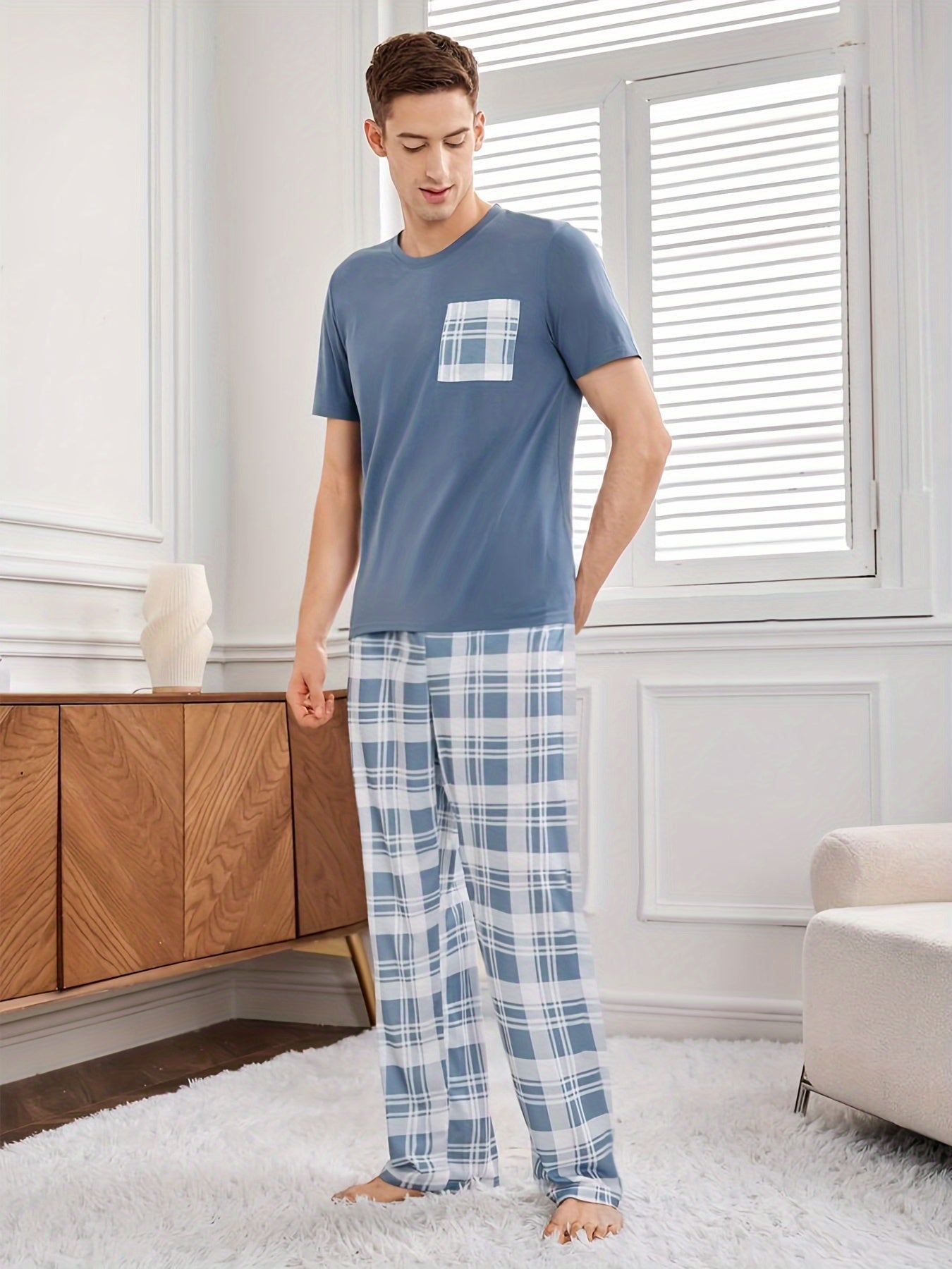 Men's Casual Plaid Pajama Set with Pocket Short Sleeve Polyester Knit All-Season