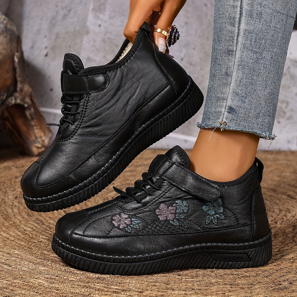 Women'S Ankle Boots Faux Fur Winter Snow Boots With Floral Design