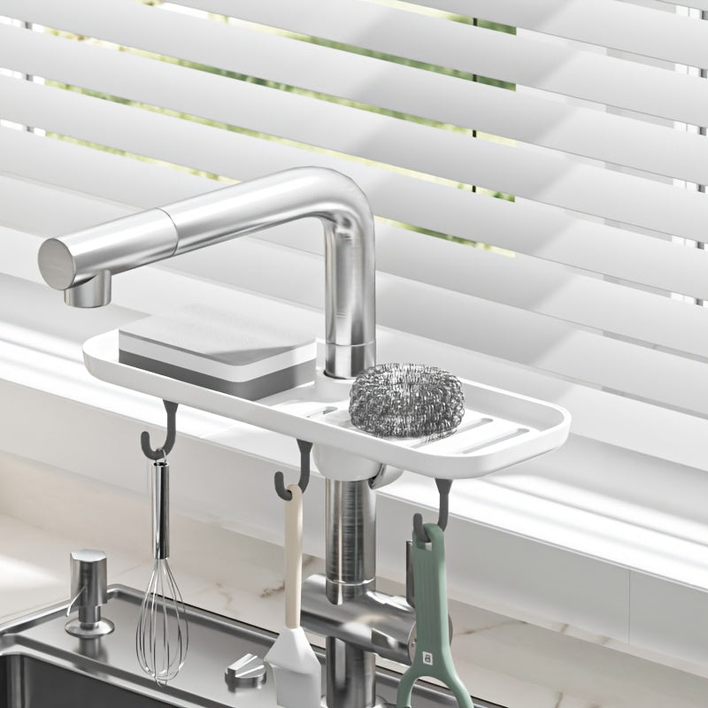Contemporary Plastic Over-the-Sink Kitchen Faucet Caddy Organizer with Shelf and Hooks