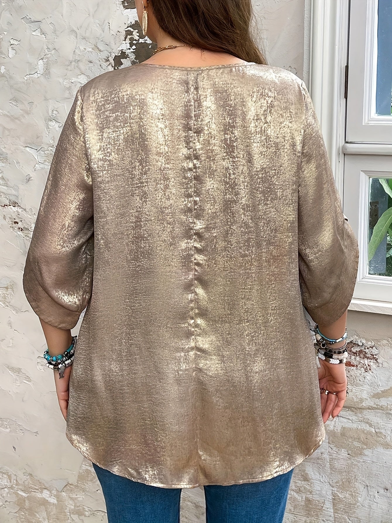 Blusa de tela dorada para mujer talla plus, casual, de corte suelto, manga corta, top de vacaciones