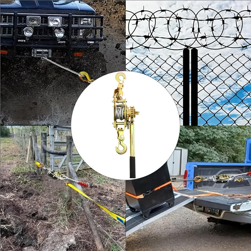 Og'ir yuklarni tortish, yuklarni bog'lash va siqish uchun mo'ljallangan portativ qo'l g'ildiragi, 2 ta ilgak bilan. U po'lat sim ip va uskunalarni tashish uchun shina mustahkamlashni o'z ichiga oladi.