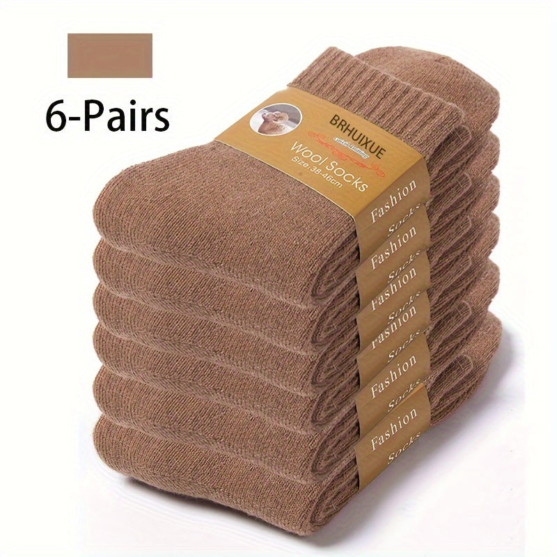 Men's Wool Crew Socks 6 Pairs Autumn Winter Soft Warm Breathable Solid