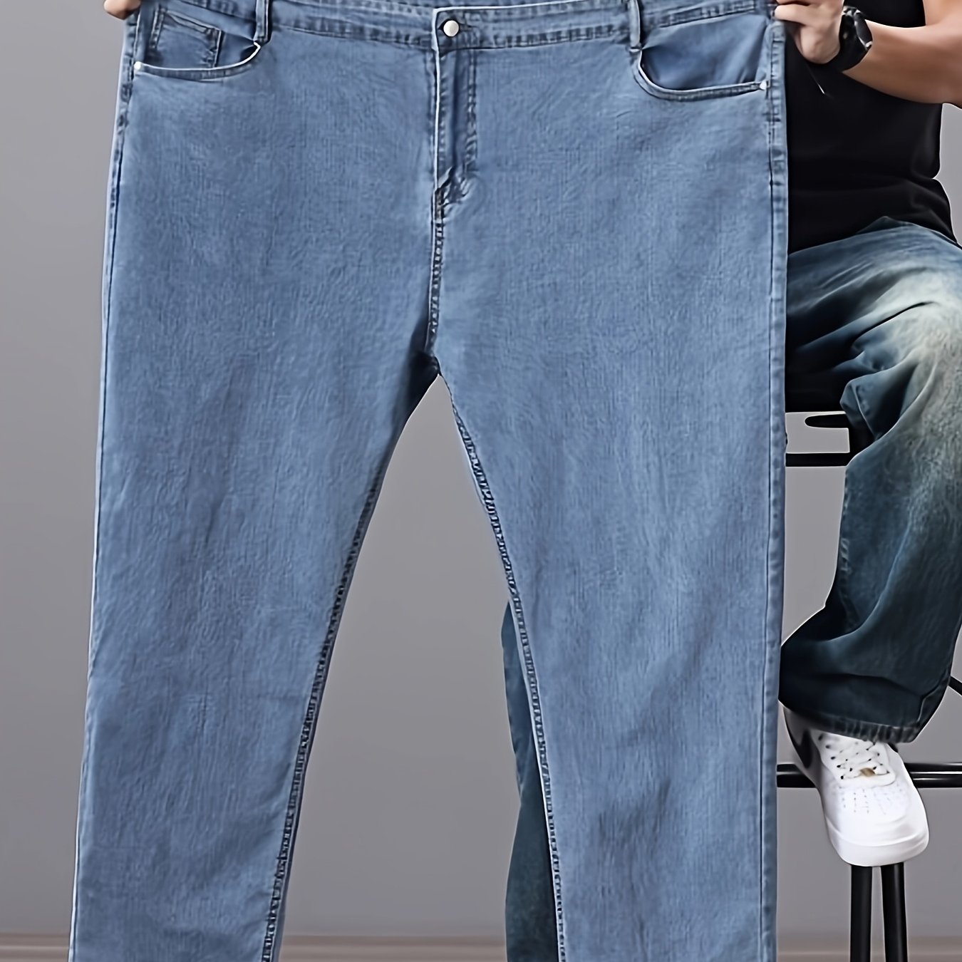 Men's High-Waisted Stretch Denim Jeans Regular Fit Straight Leg Solid Color