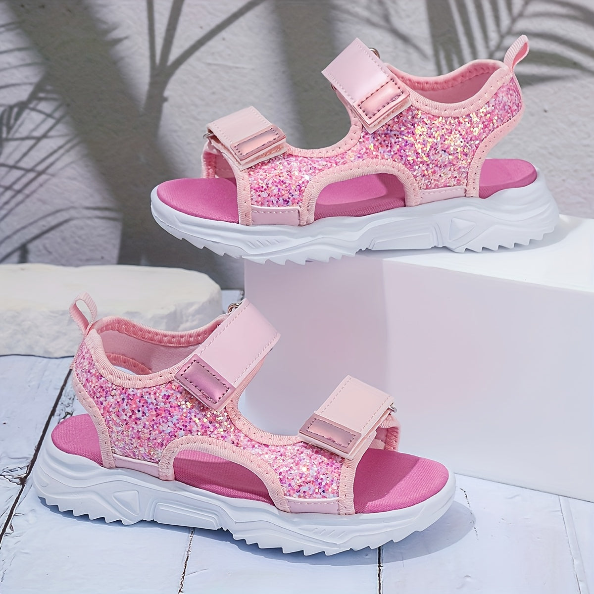 Girls Pink Glitter Sandals Lightweight Breathable EVA Sole Adjustable Straps for Summer Casual Wear