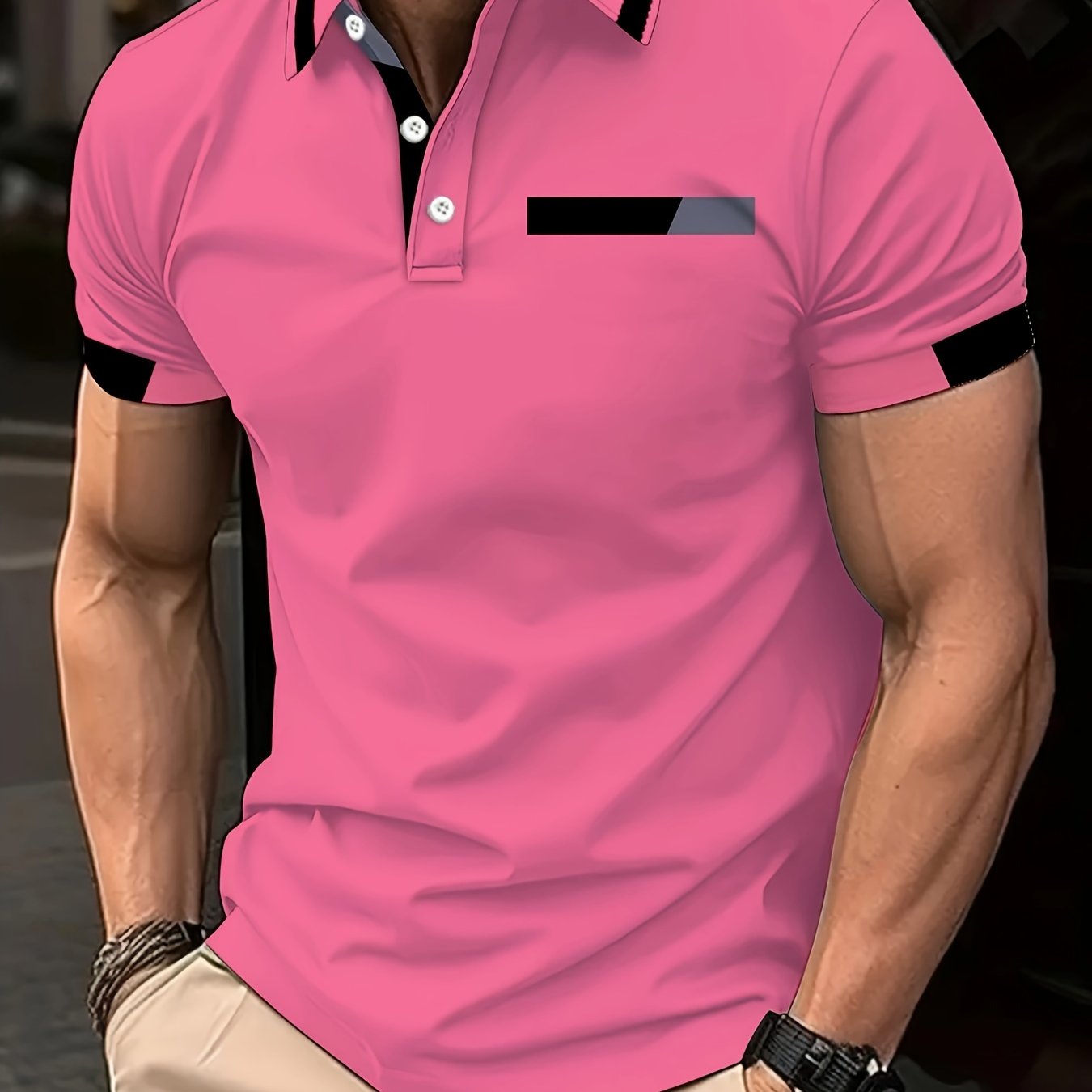 Men's Short Sleeve Bright Pink Shirt with Black and White Collar for Summer Outdoor Activities