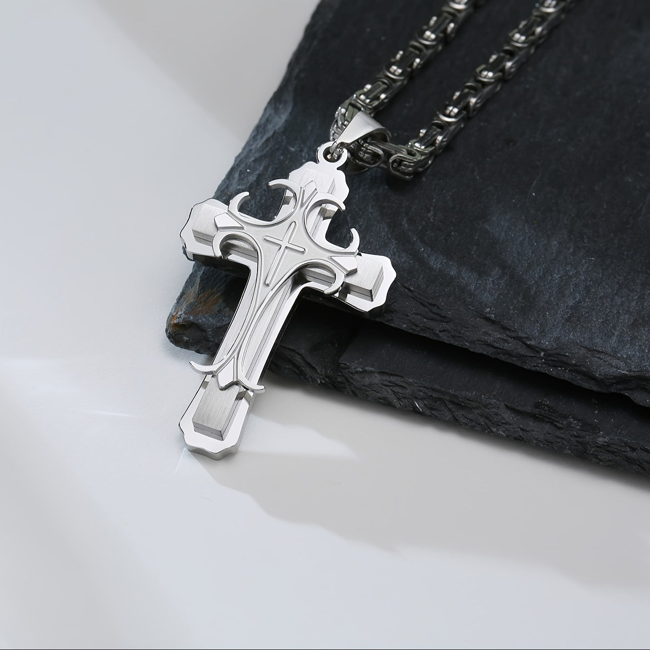 Men's Byzantine Necklace Stainless Steel Cross Pendant Double Layer Jewelry