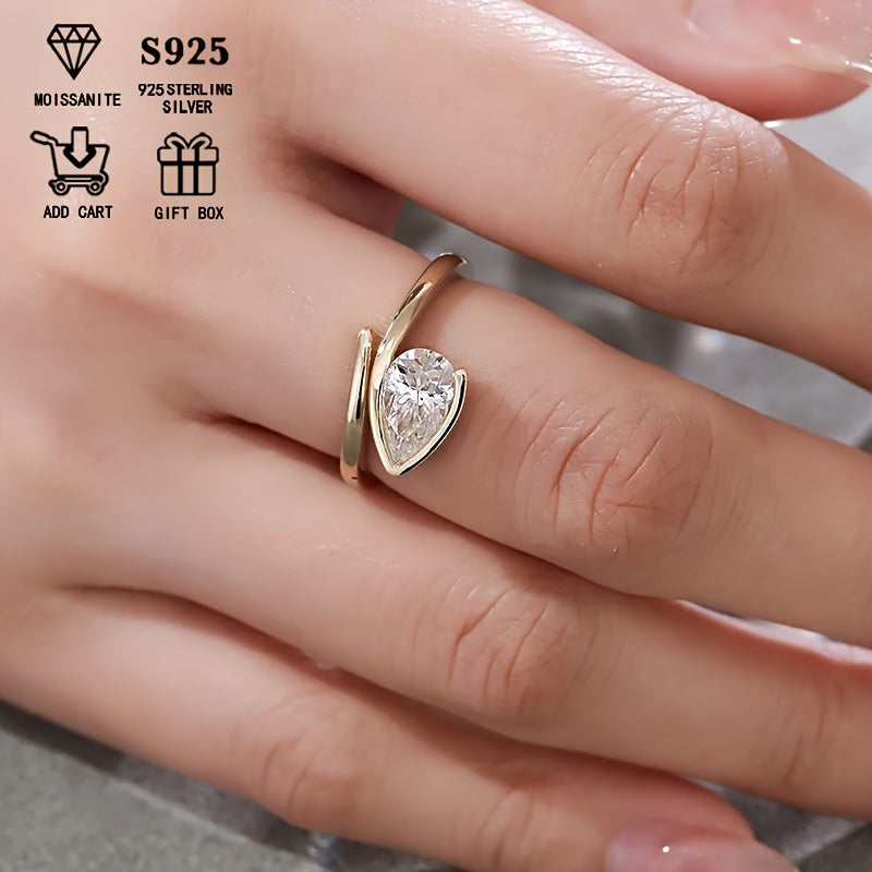 925 Silver Plated Moissanite Pear-Shaped Wedding Band for Women Adjustable Hypoallergenic Engagement Ring
