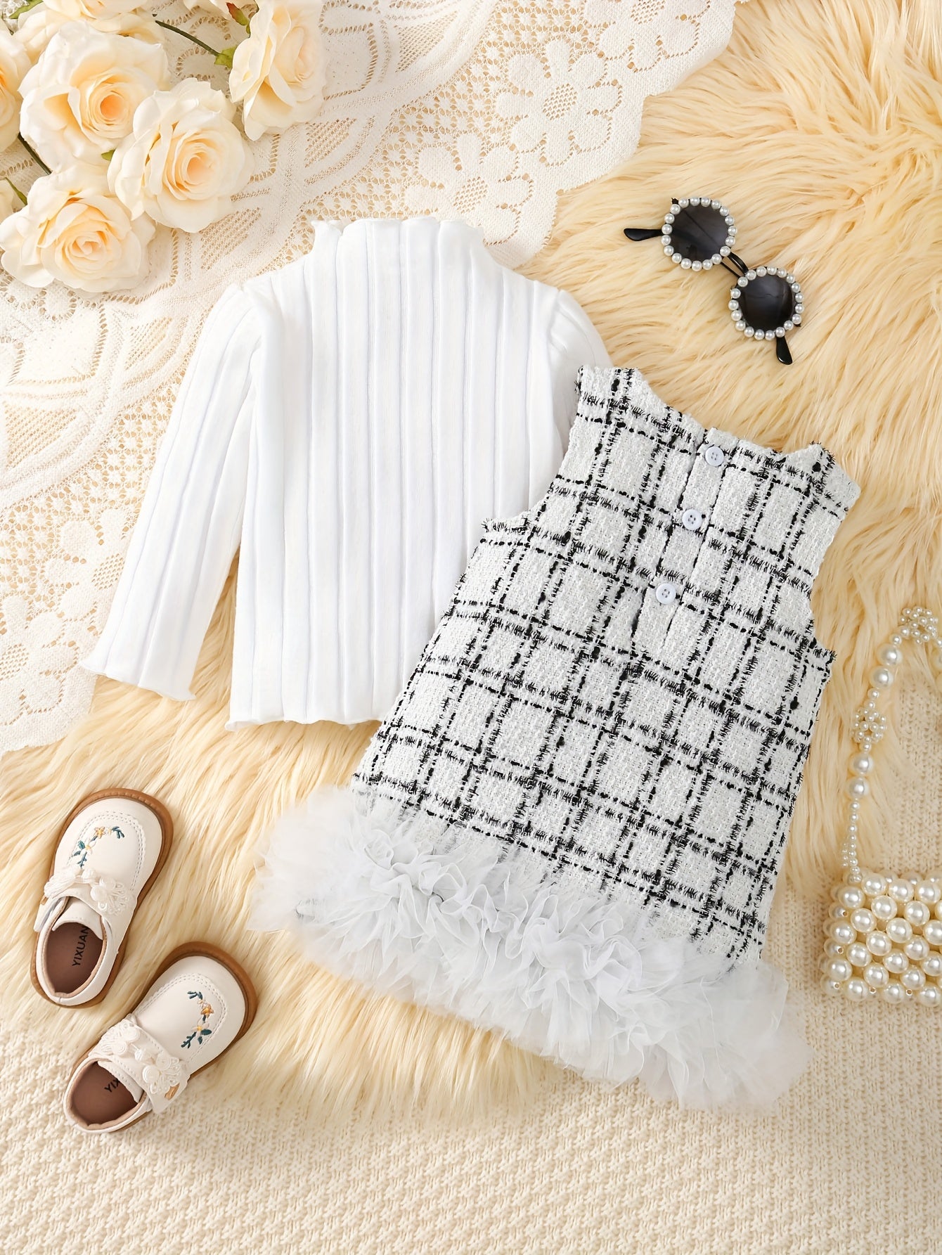 Toddler Girls Red Top and Mesh Skirt Set Long Sleeve Pearl Buttons Spring Fall Outdoor