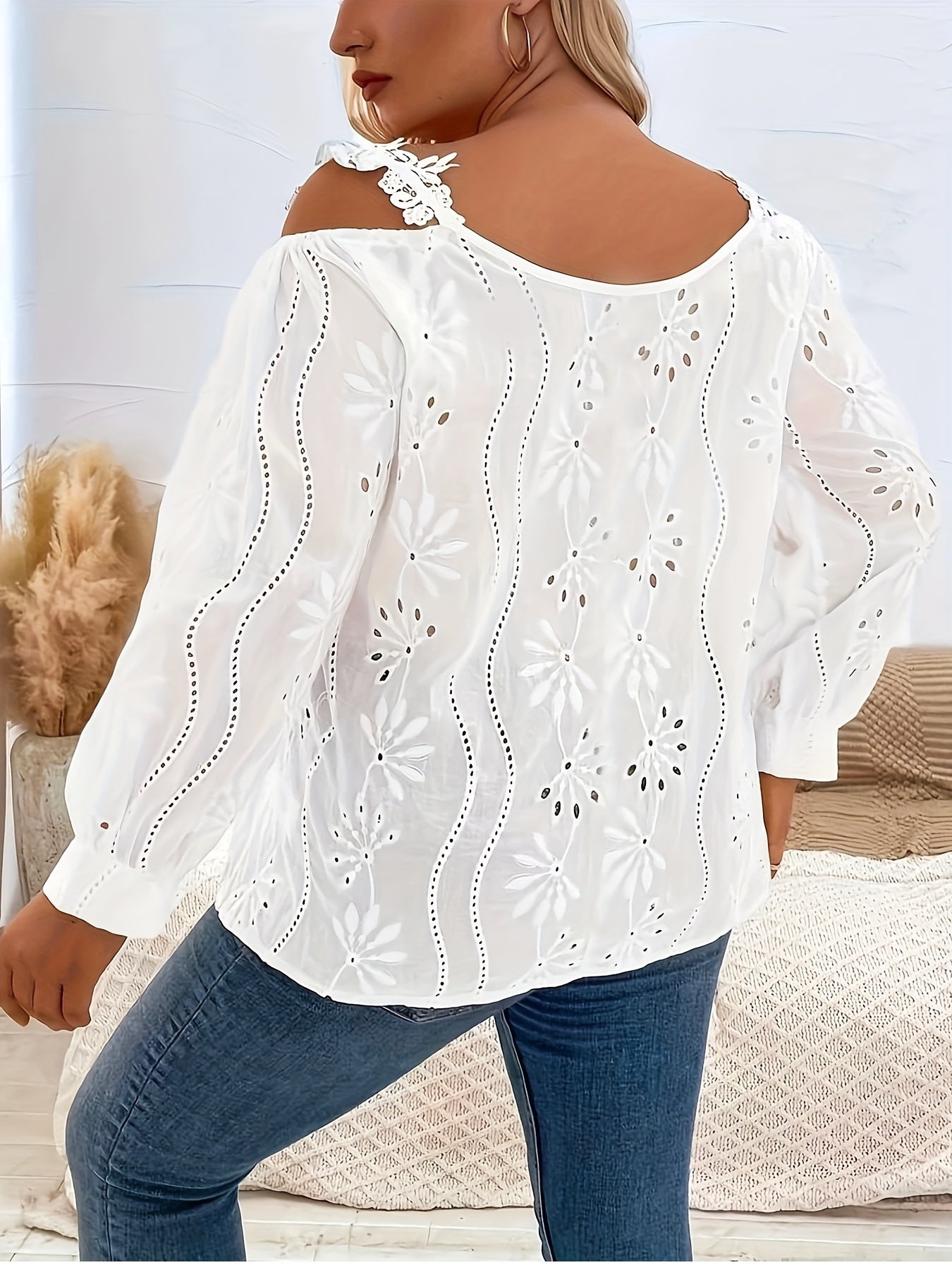 Plus Size Women's White Off Shoulder Eyelet Embroidery Blouse Long Sleeve Casual Polyester Top