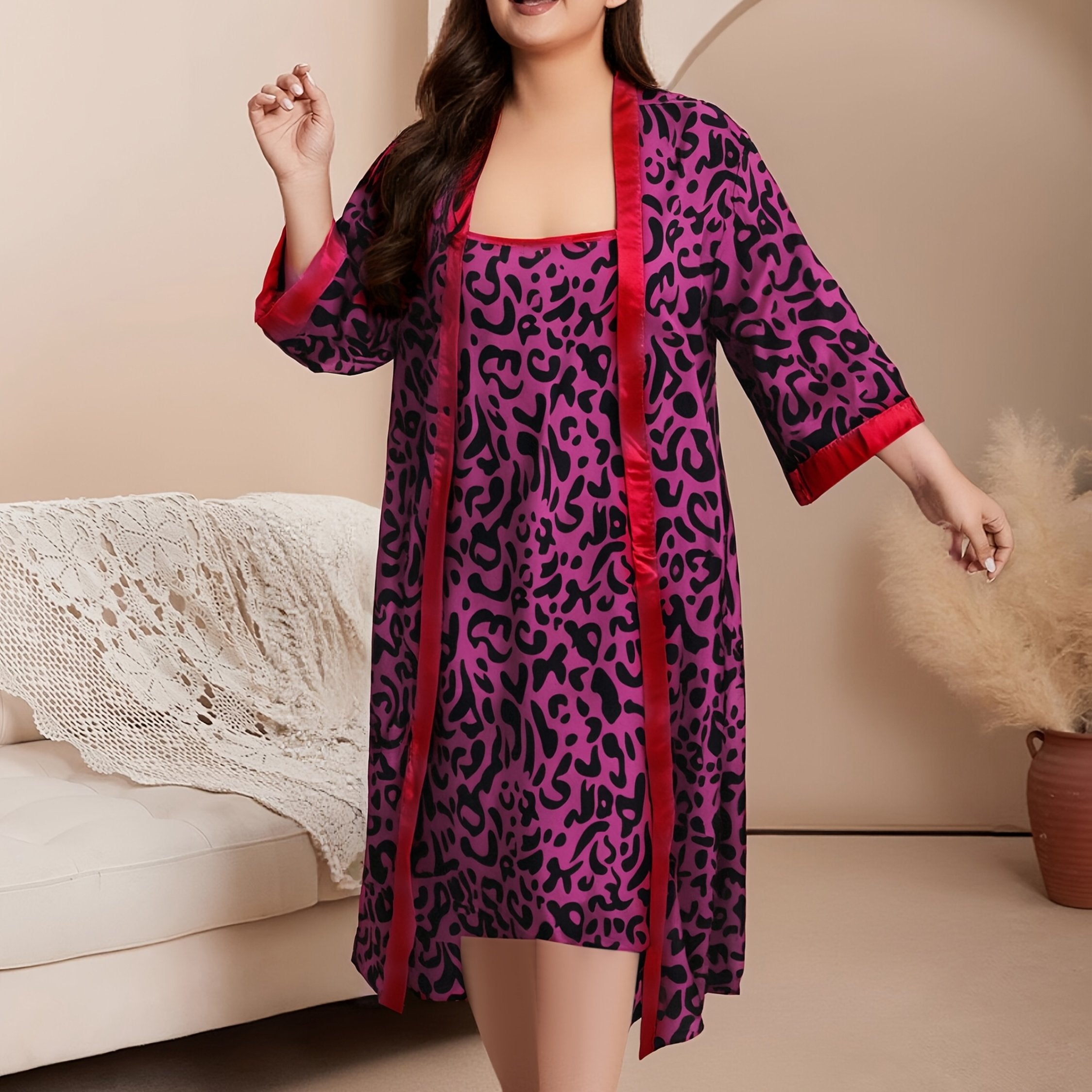 Plus Size Satin Leopard Print Pajama Set with Robe and Cami Dress