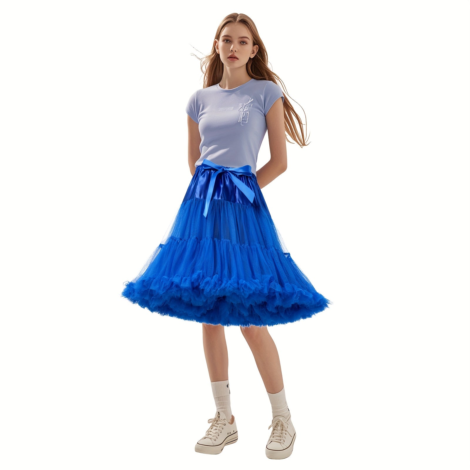 Ayollar uchun ko'p rangli tulle pleated yubka yuqori bel, katta hajmli polyester spandex