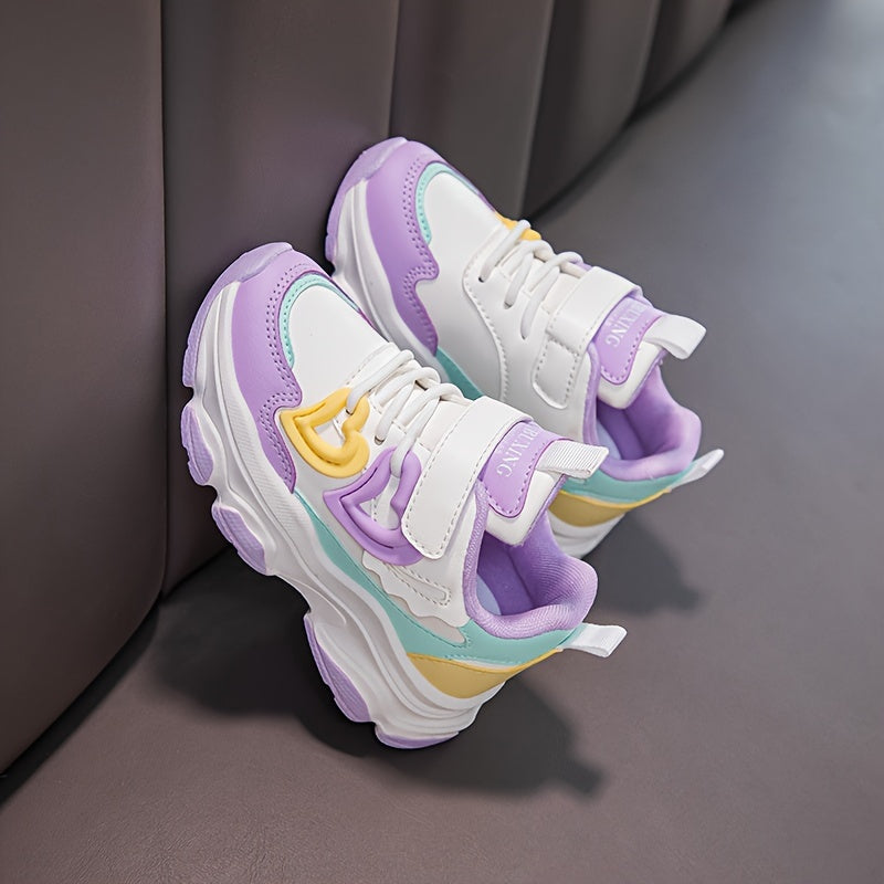 Girls' All-Season Fashion Sneakers with Heart Pattern, Color Block, Rubber Sole