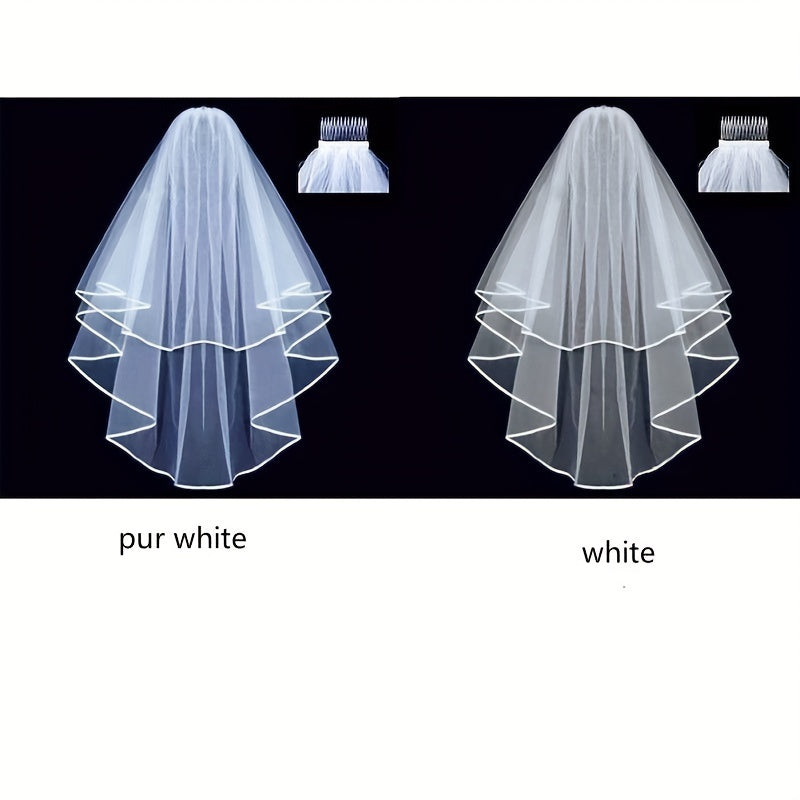 White Bridal Veil with 2 Layers of Ribbon Edge Wedding Accessories