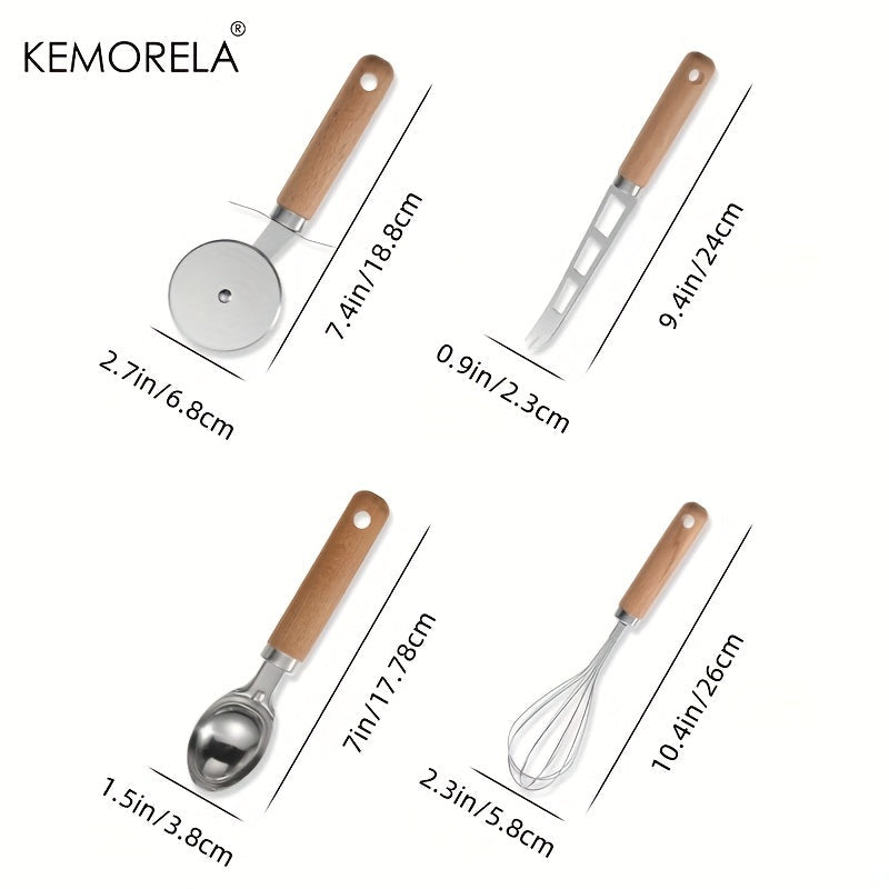 Set of 9 Kitchen Gadgets with Wooden Handles Stainless Steel Utensils