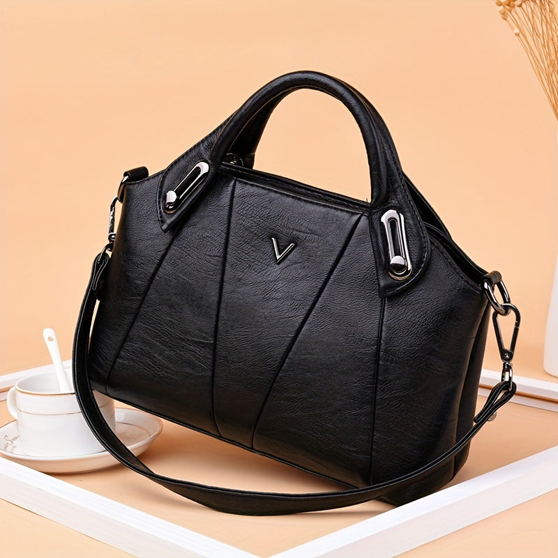 Women's Red Solid Color PU Handbag with Zipper Closure and Adjustable Strap