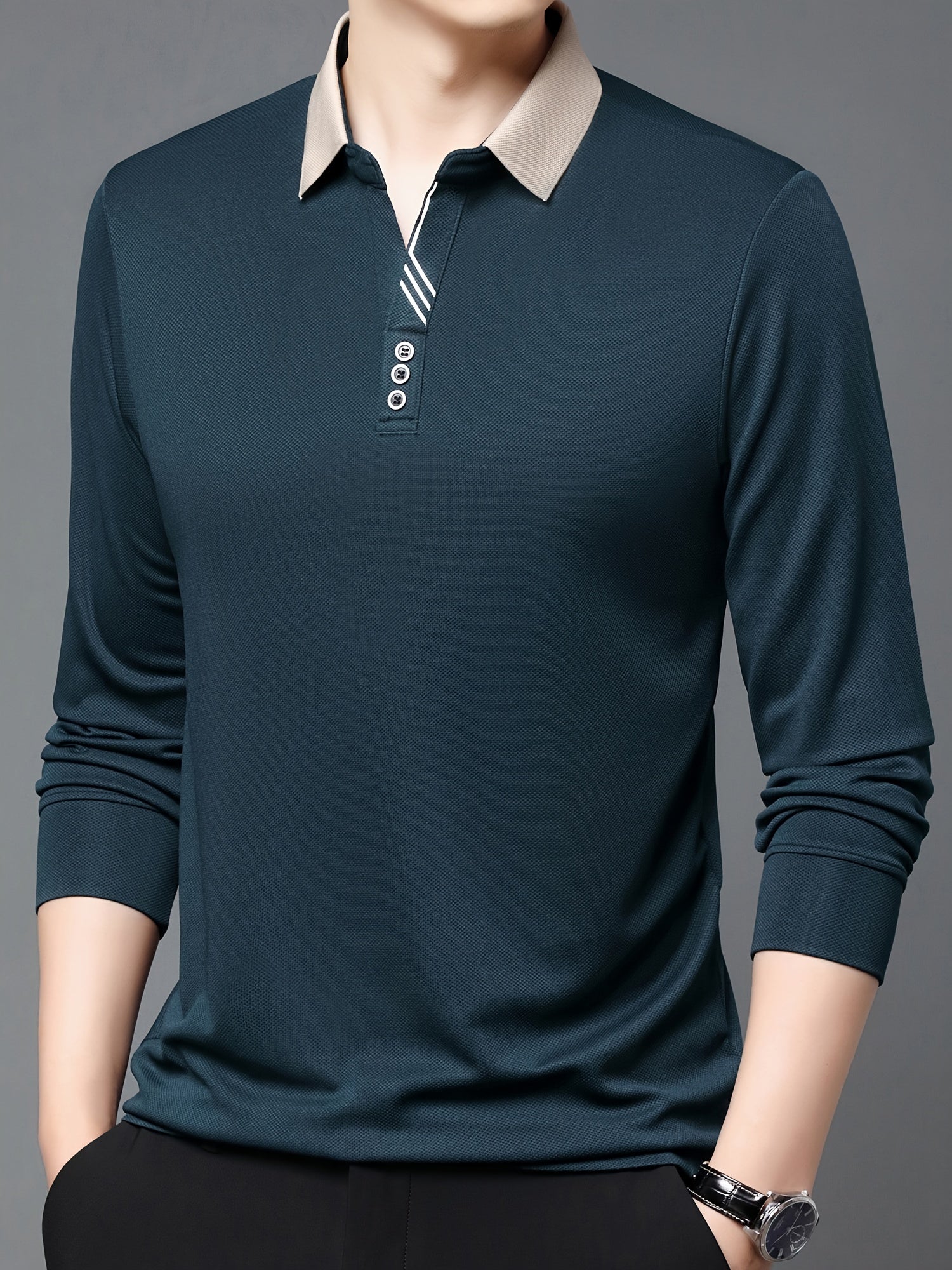 Men's Long Sleeve Polo Shirt Casual Business Solid Color Stretch Knit Regular Fit