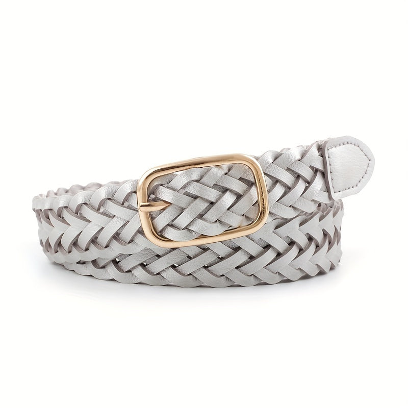 Women’s Woven Leather Belt Square Buckle for Coats and Jeans