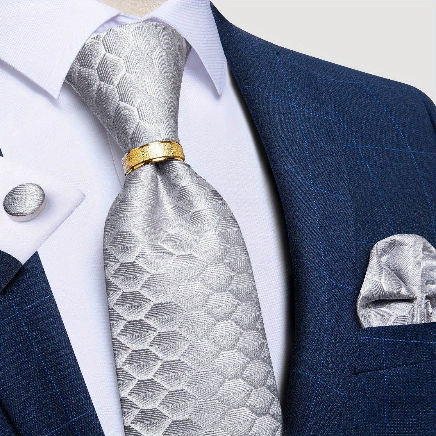 Men's Tie Set with Paisley Plaid and Striped Designs Including Pocket Square Cufflinks Ring