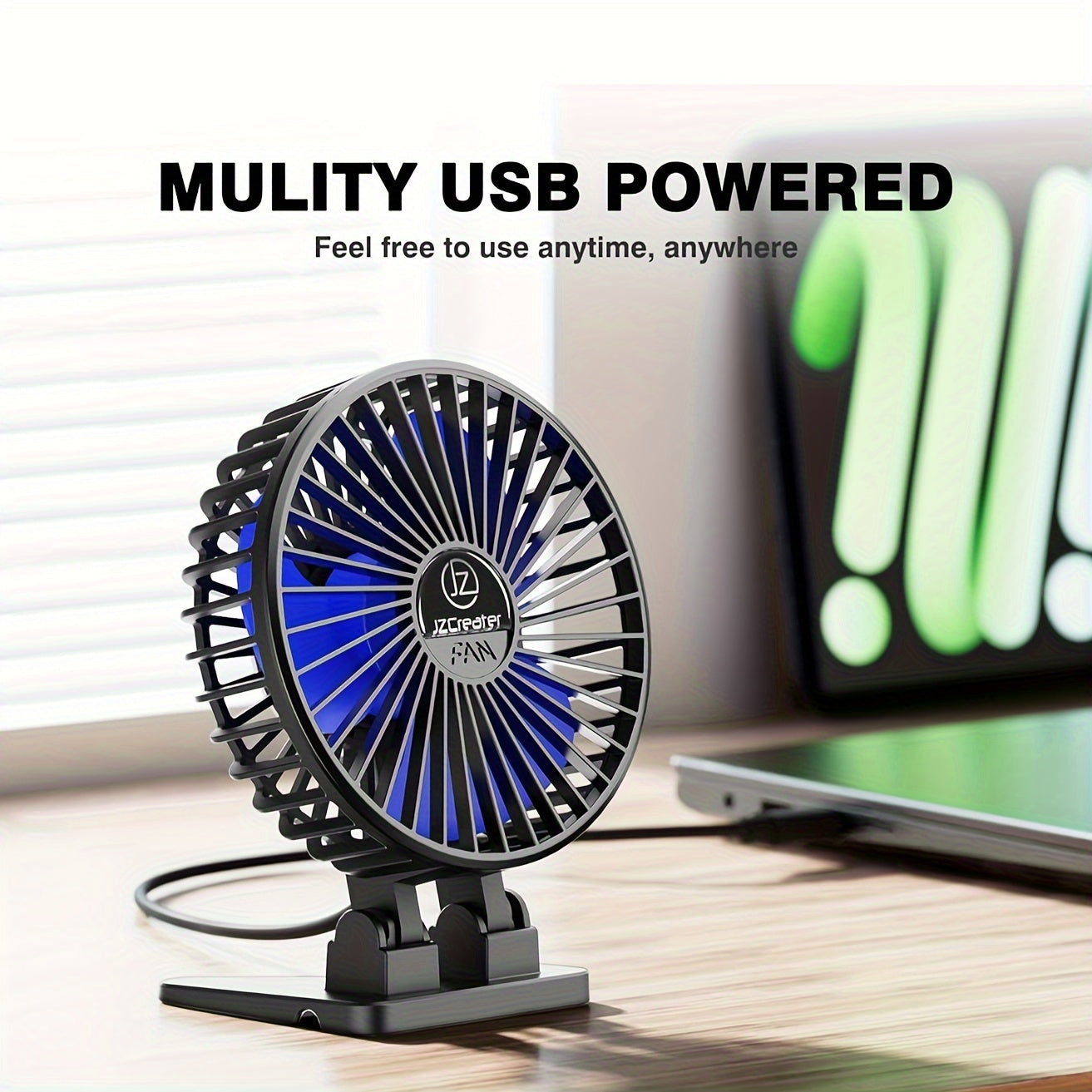 Mini USB Desk Fan Black Blue 3 Speed Portable Cooling for Home Office Travel