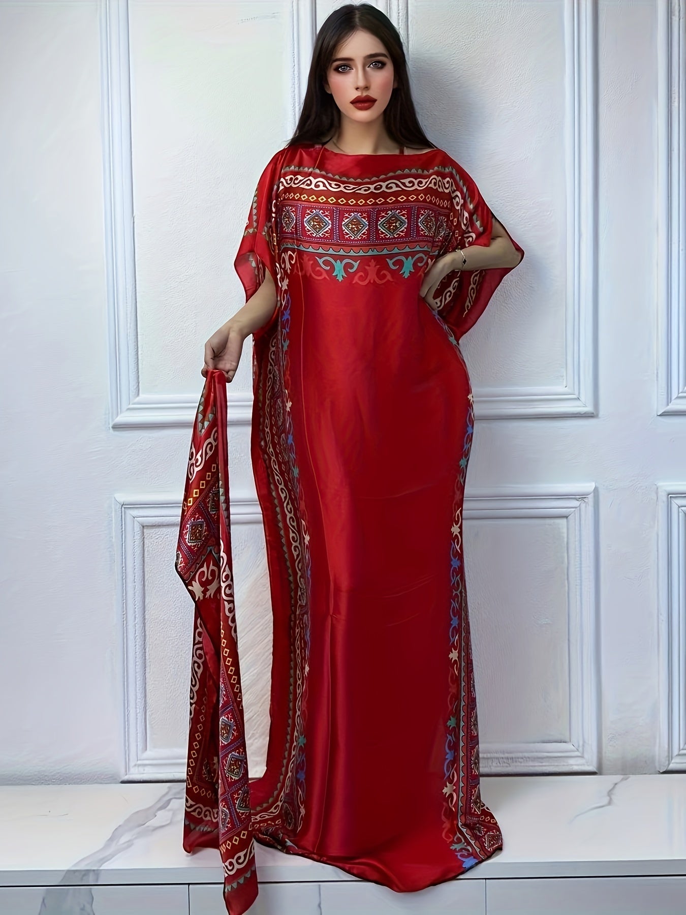 Women Floral Print Abaya Maxi Dress Batwing Sleeves Summer Wear