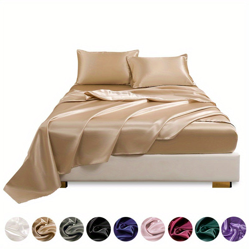 Polyester Satin Fitted Sheet Set 4 Pieces Includes Pillowcases Available in Twin Full Queen King