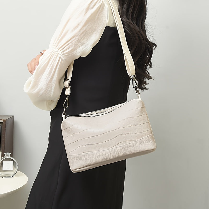 Women's Genuine Leather Shoulder Bag with Large Capacity Black White