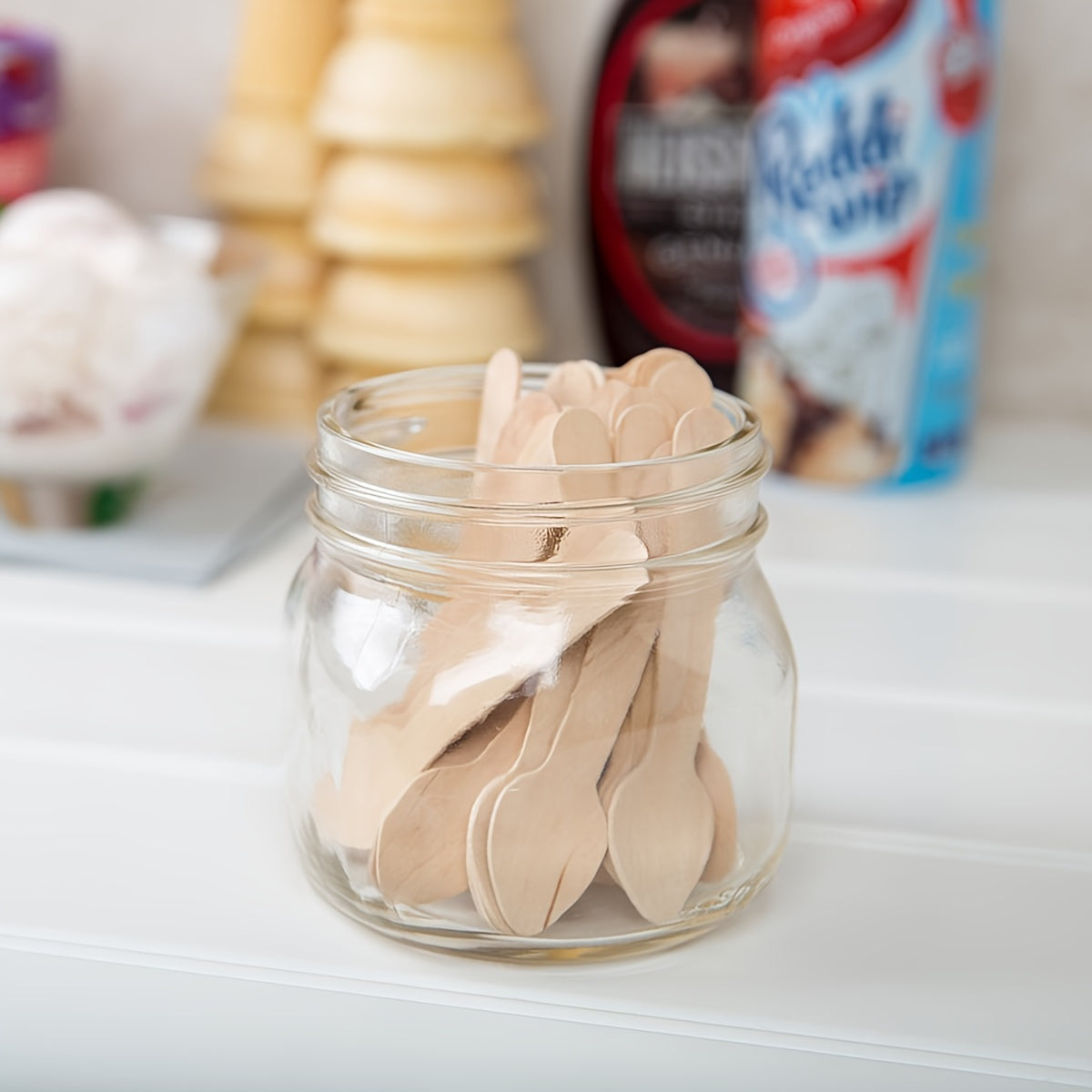 100 Eco-Friendly Disposable Birch Spoons for Cake Ice Cream Dessert