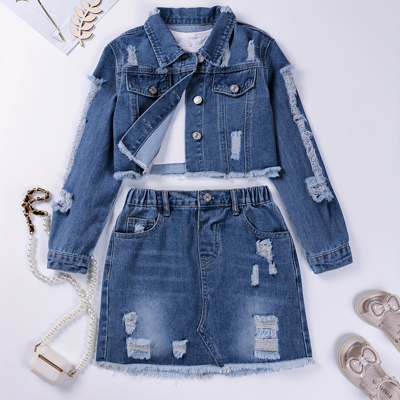 Girls Ripped Denim Set with Long-Sleeve Jacket and Skirt for Outdoor Wear